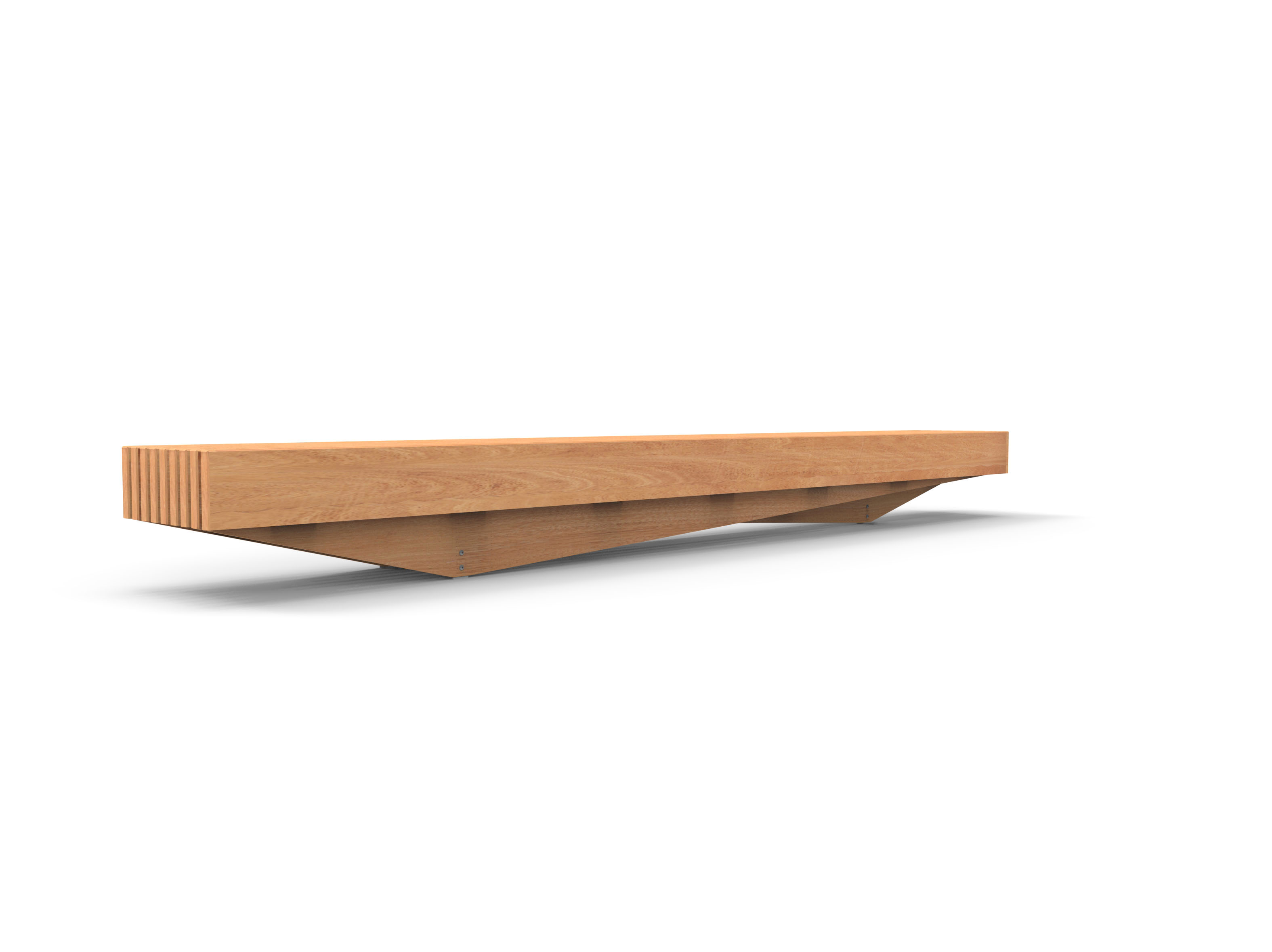 Vue latérale d'une banquette en bois moderne et minimaliste.
