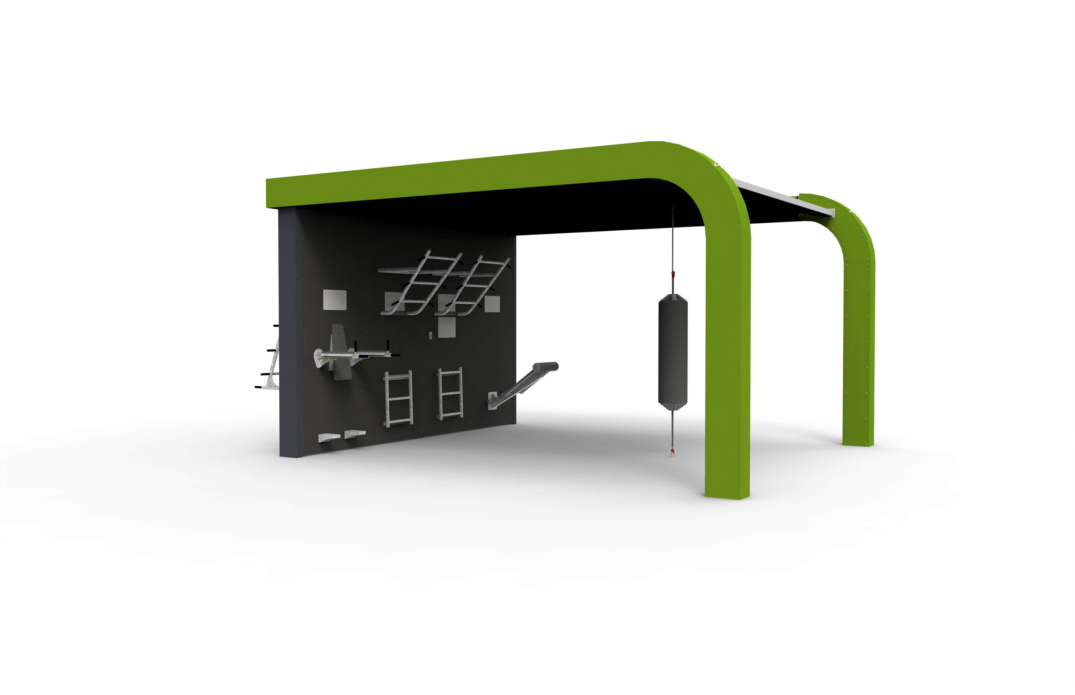 Un mur d'escalade modulaire vert avec sac de frappe intégré, idéal pour un entraînement polyvalent de musculation et de fitness.