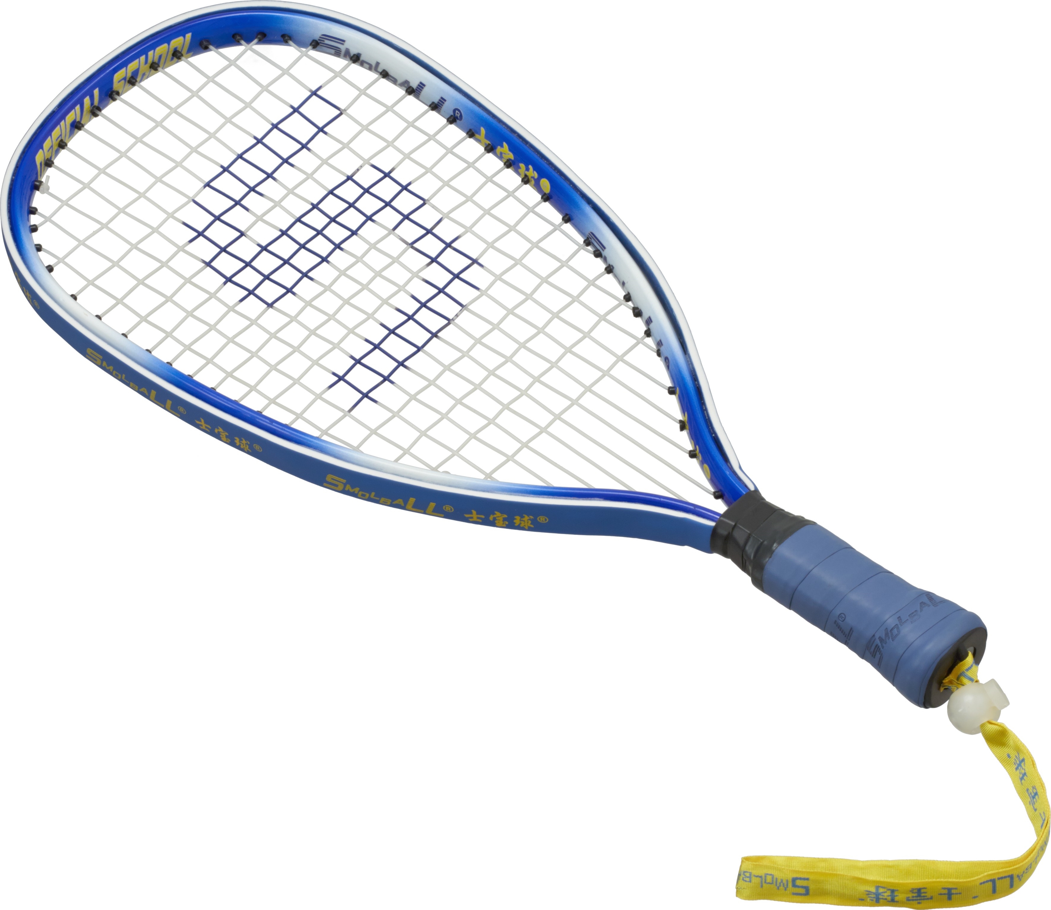 Blauer Squashschläger mit weißem Saitenmuster und ergonomischem Griff