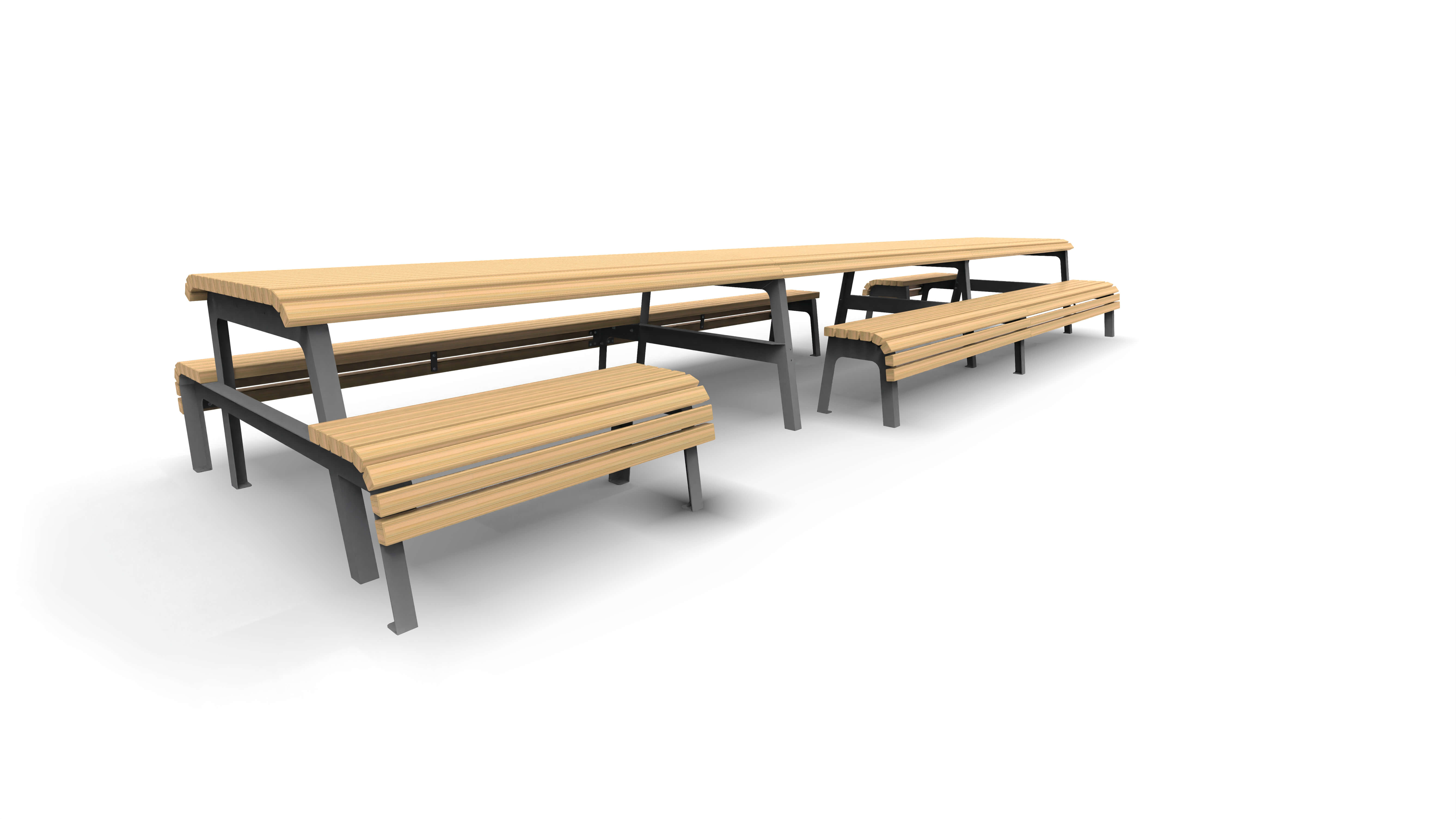 Langes Gartensitzmöbel-Set aus Holz und Metall mit Tisch und Bänken in modernem Design