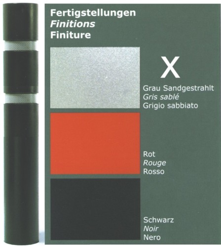 Farboptionen für Oberflächen: Drei verschiedene Farben zur Auswahl – Grau Sandgestrahlt, Rot und Schwarz in einer Produktpräsentation.