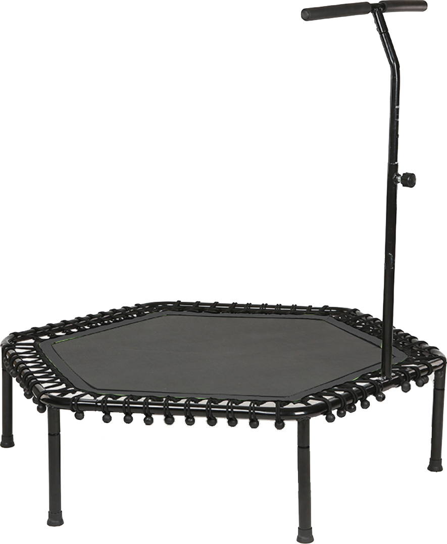 Schwarzes Trampolin mit Haltegriff für Fitnessübungen zu Hause