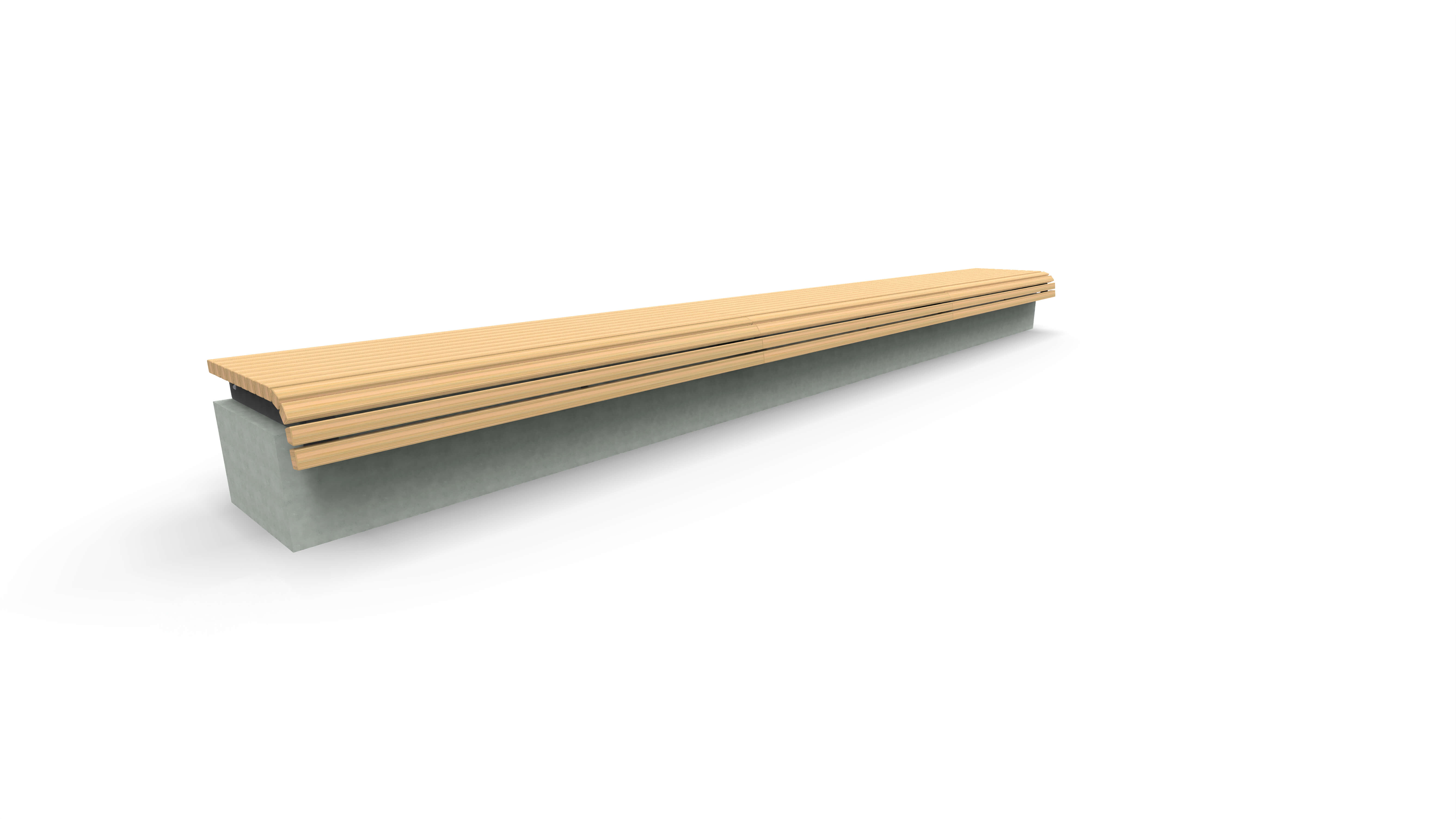 Lange Sitzbank aus Holz mit Betonuntergestell für den Außenbereich, minimalistisch und funktional gestaltet