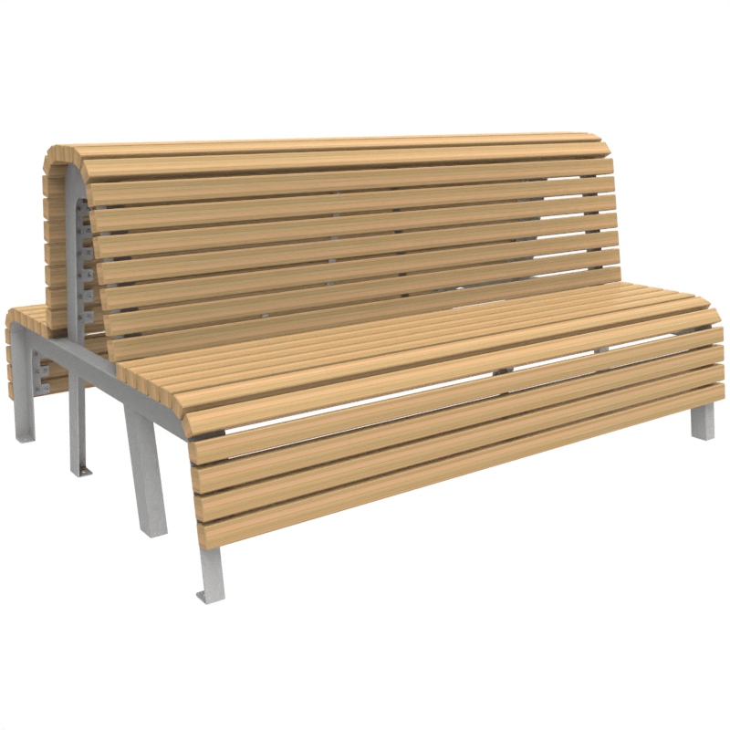 Eine moderne, robuste Parkbank aus Holz mit Metallrahmen, ideal für Gärten und öffentliche Plätze.