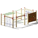 Structure d'escalade en bois avec différentes cordes et un mur d'escalade coloré pour les enfants