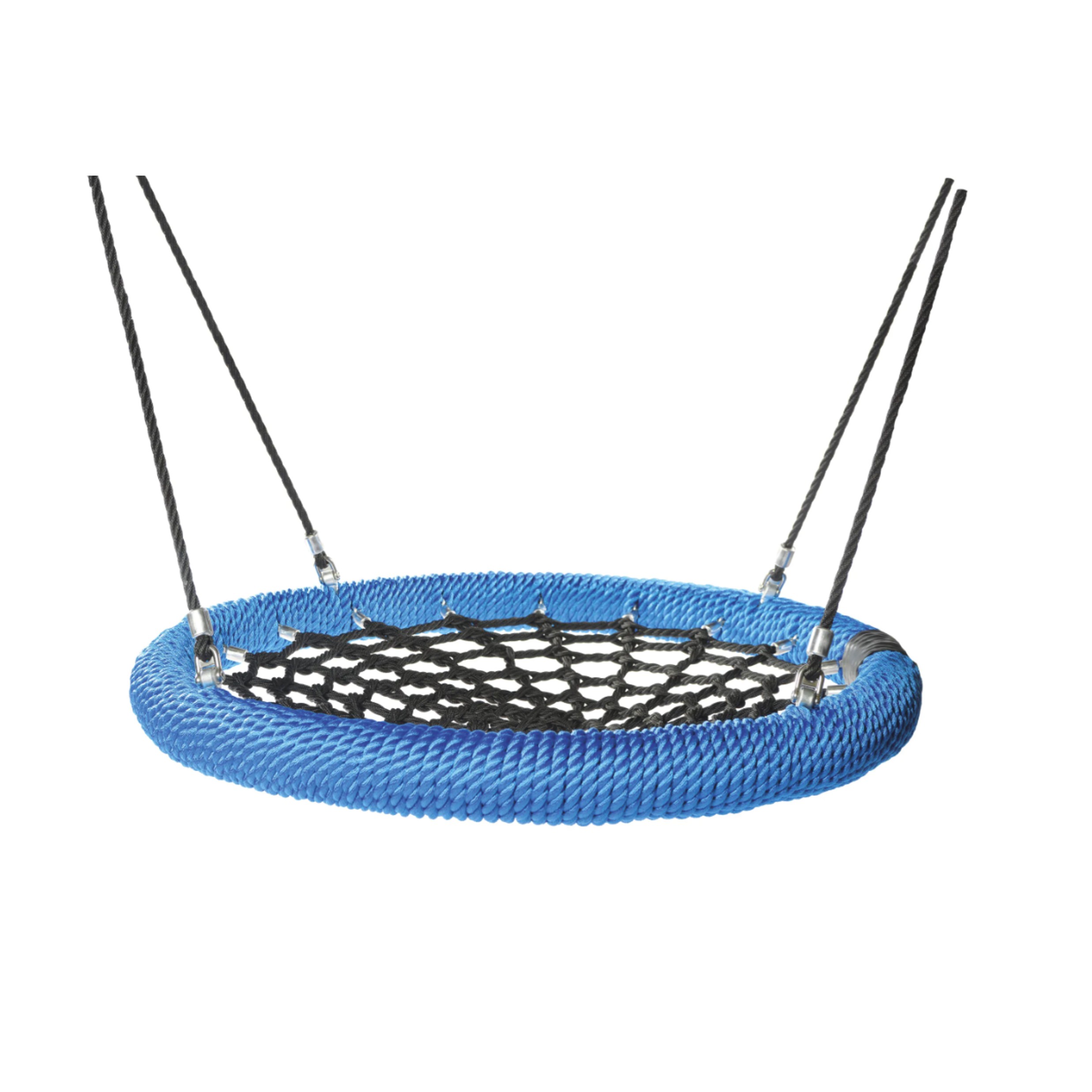 Runde blaue Nestschaukel aus robustem Seil mit schwarzem Netzsitz und Aufhängeseilen, geeignet für Kinder im Garten