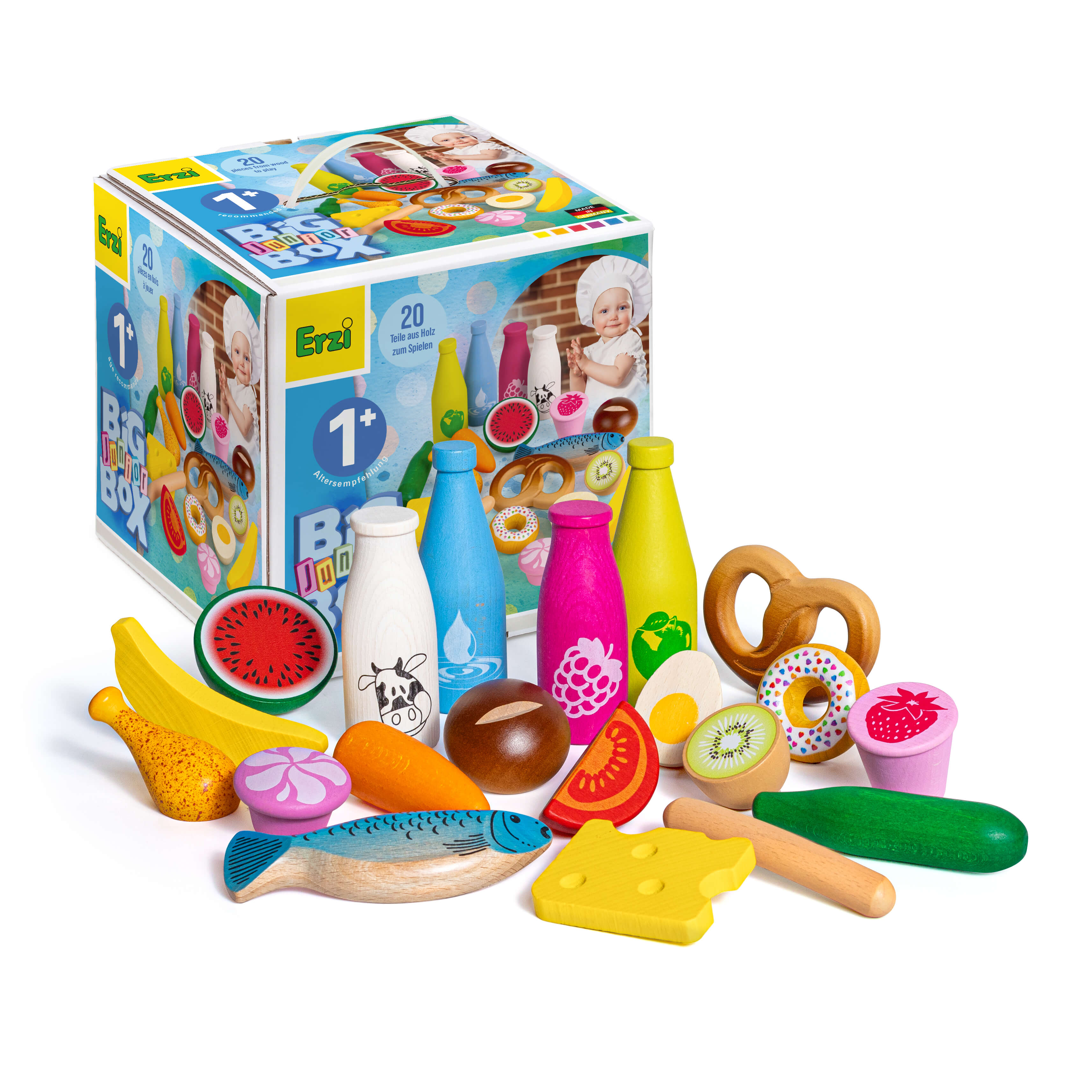 Verschiedenfarbige Holzspielzeug-Lebensmittel für Kleinkinder, wie Obst, Gemüse und Getränke, vor einer Verpackung