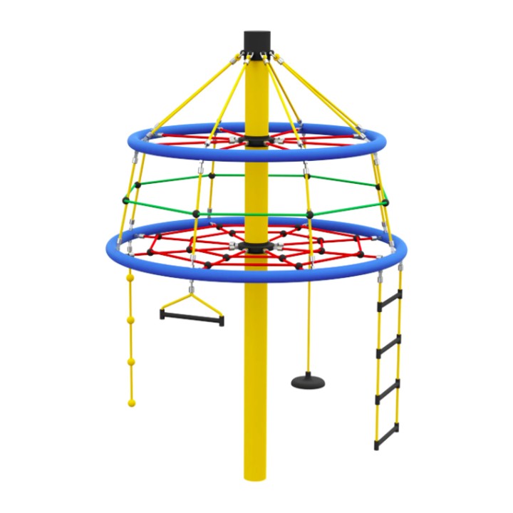 Bunte Rundkletteranlage mit Seilnetz, Kletterseil, Leiter und Trapez für Kinder auf dem Spielplatz