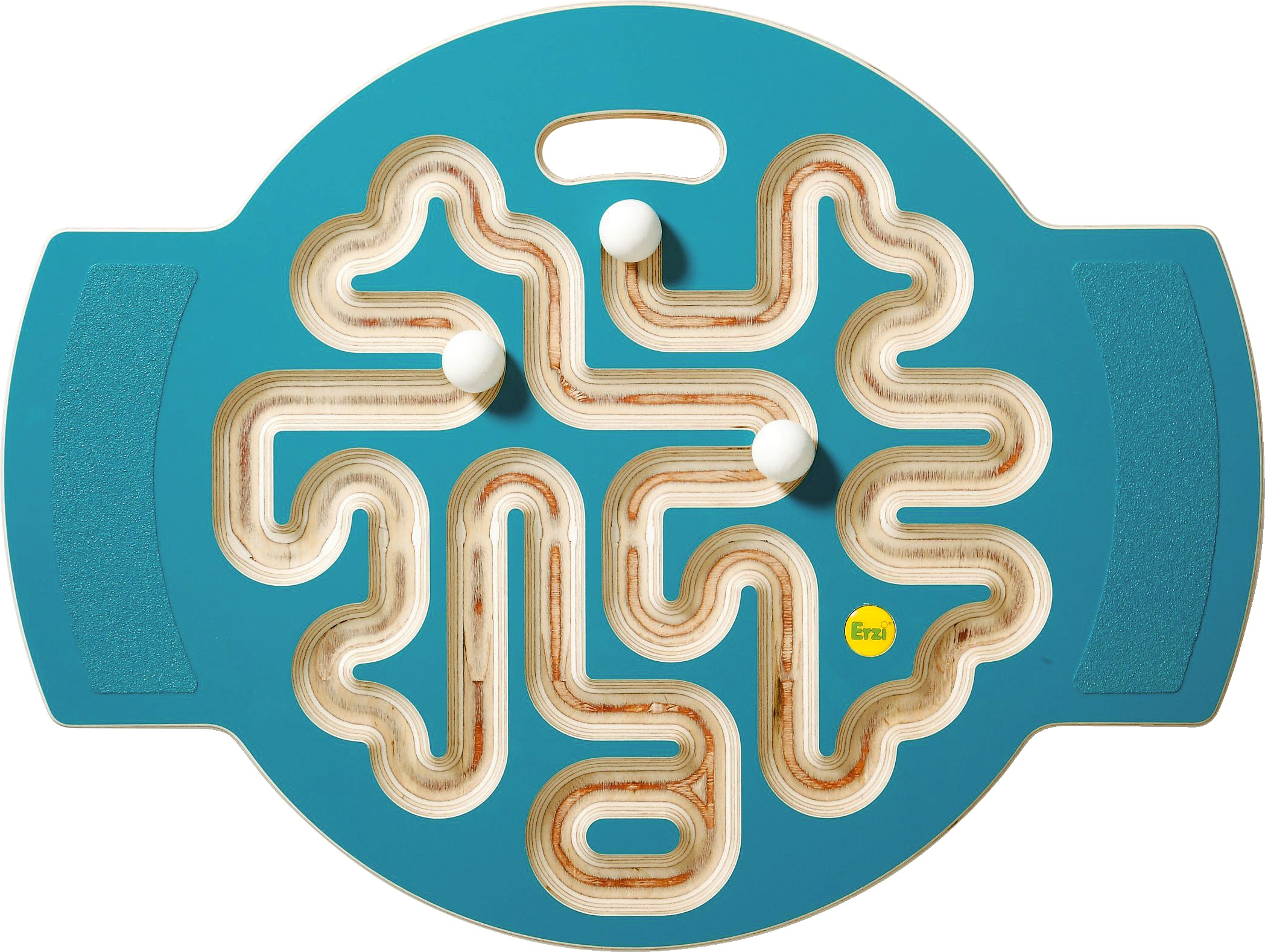 Un jeu de labyrinthe rond en bois bleu avec des pistes incurvées et des boules blanches. Idéal pour l'entraînement de l'adresse.