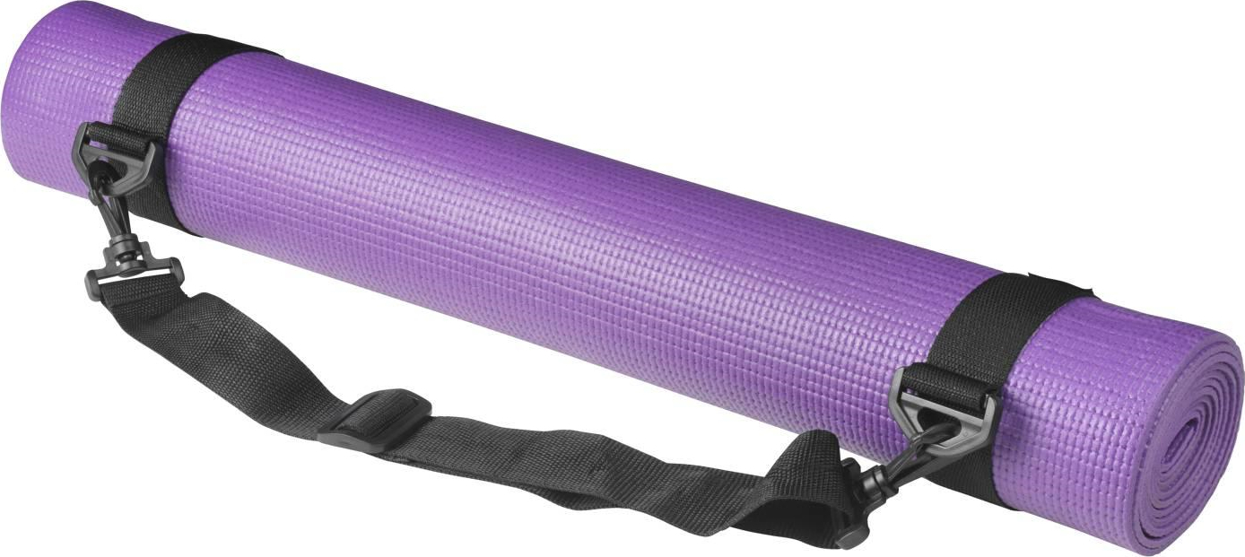 Aufgerollte lila Yoga-Matte mit schwarzem Tragegurt