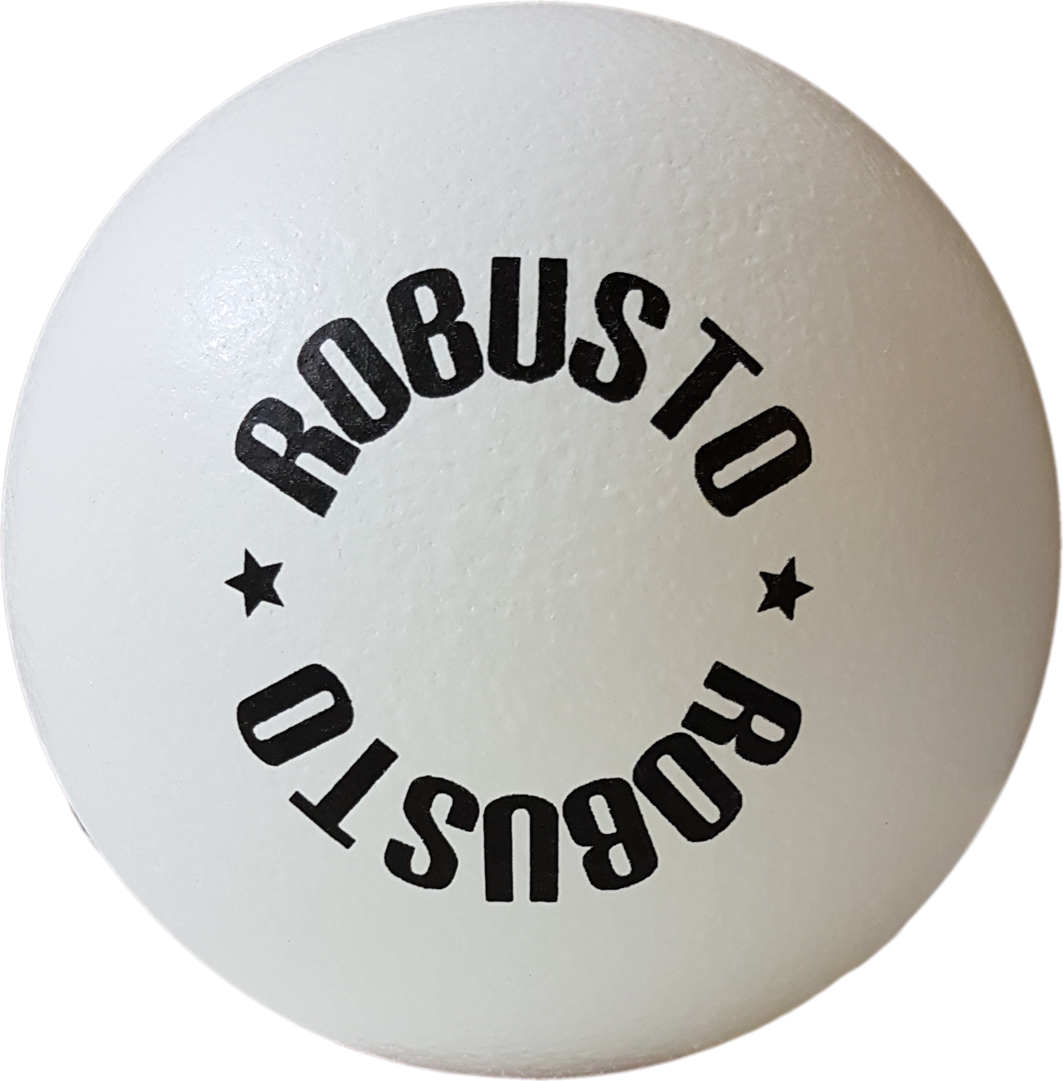 Weißer Tischtennisball mit schwarzem Aufdruck 'ROBUSTO' und Sternemotiven