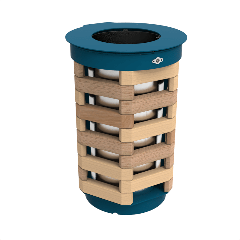 Moderner runder Holzkohlegrill mit einzigartigem Holzdesign und blauem Deckel