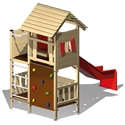 Aire de jeux en bois avec toboggan, mur d'escalade et toit en bois