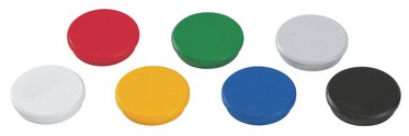Set aus sieben runden Magneten in verschiedenen Farben: Rot, Grün, Blau, Gelb, Weiß, Grau und Schwarz. Ideal für Büro und Zuhause.