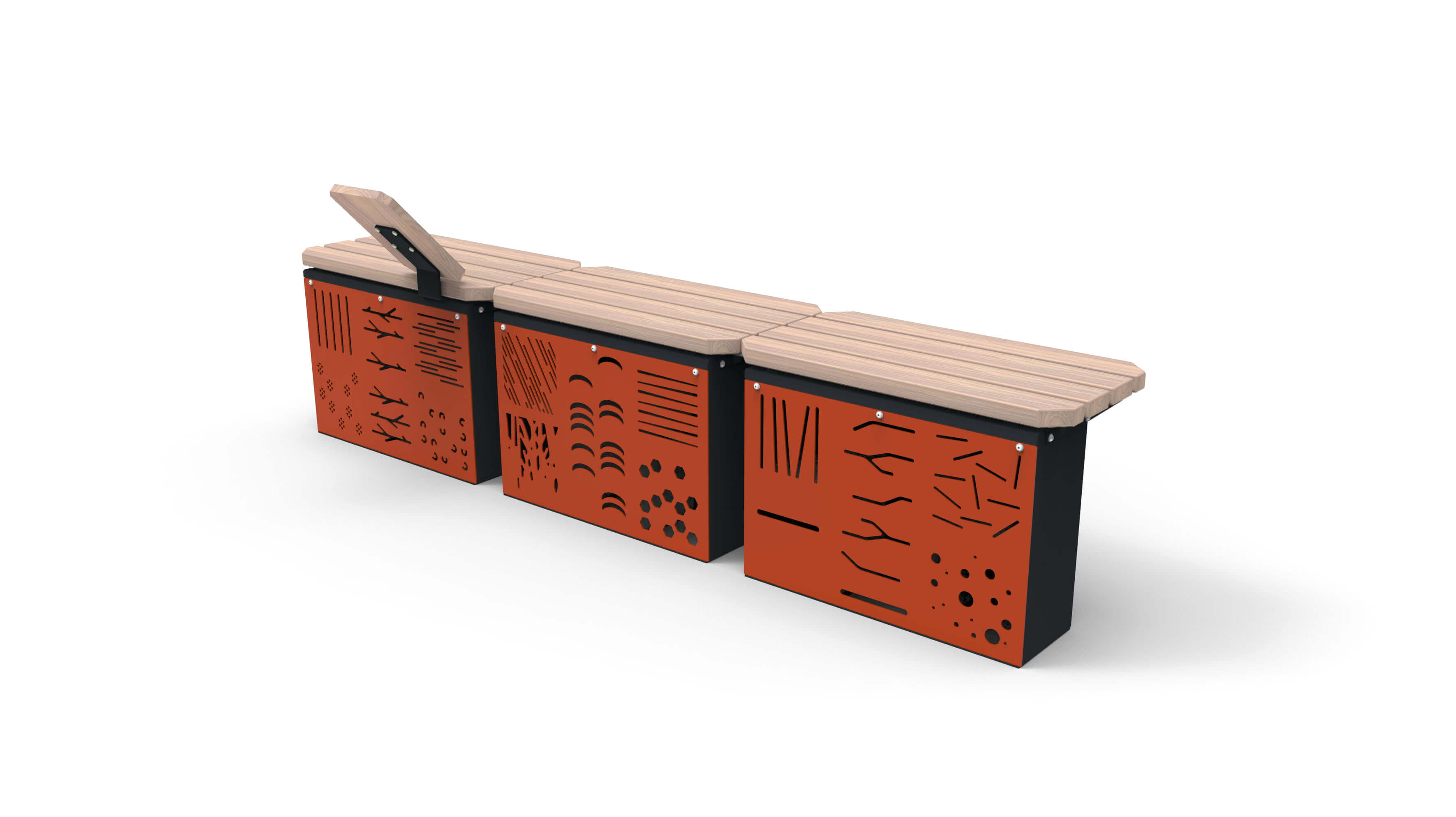 Seitliche Ansicht einer modularen Sitzbank mit innovativem Design. Die Bank hat helle Holzleisten als Sitzfläche und auffällige orangene Metallverkleidungen mit dekorativen Mustern.