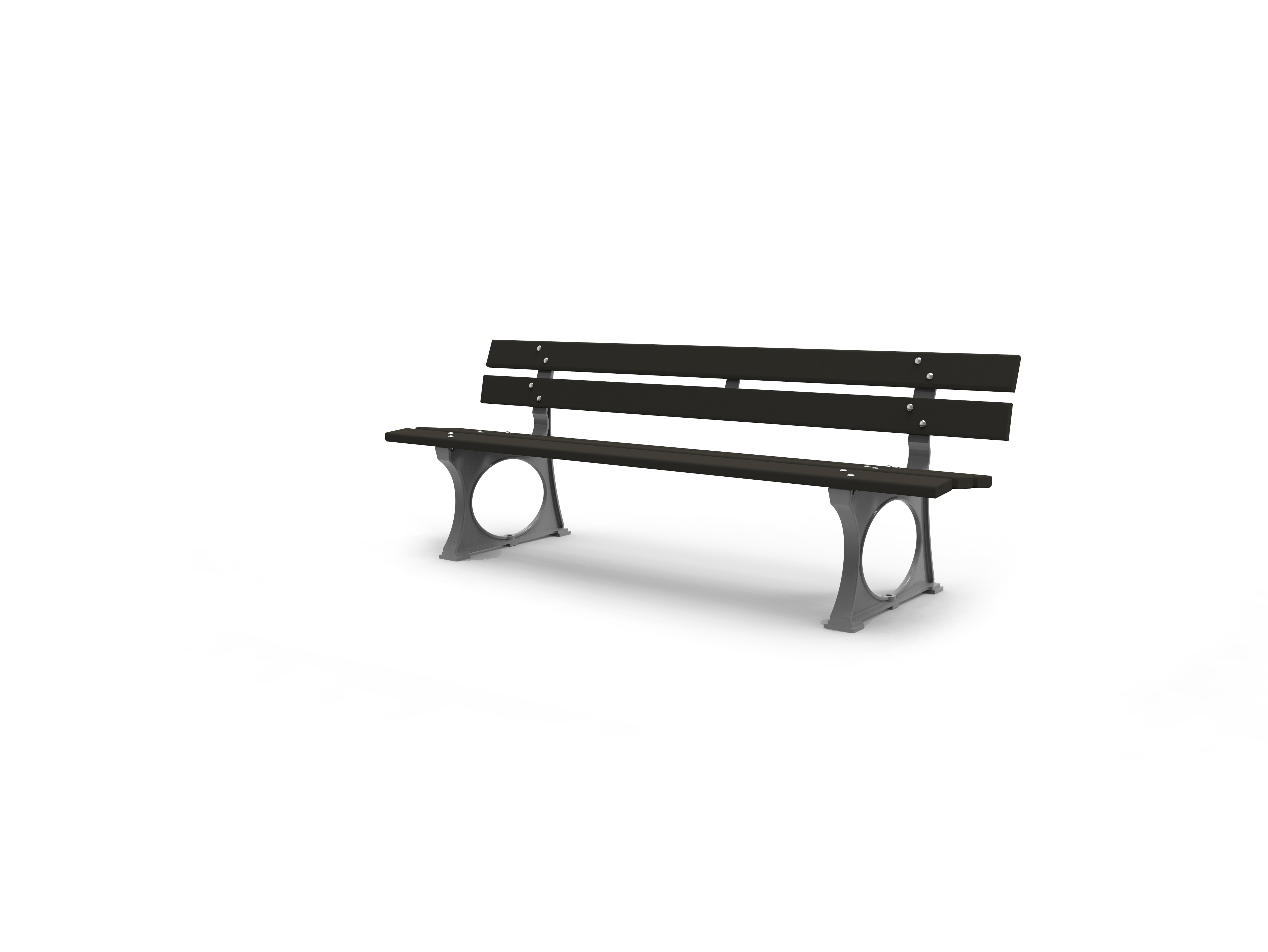 Eine moderne Parkbank mit schwarzem Metallgestell und ergonomischem Design, ideal für öffentliche Plätze und Parks.