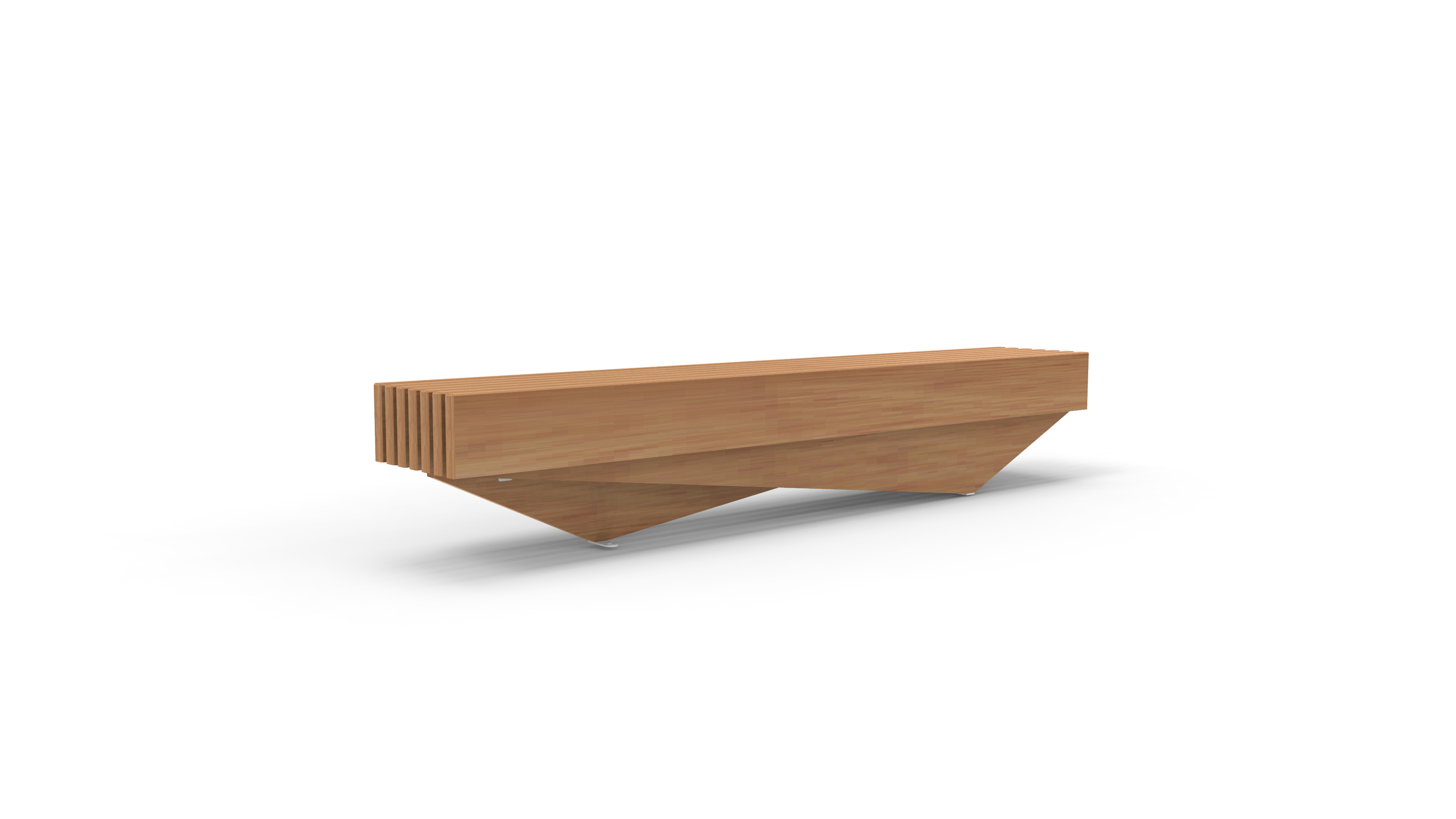 Une table en bois moderne avec un design géométrique marquant sur fond blanc.