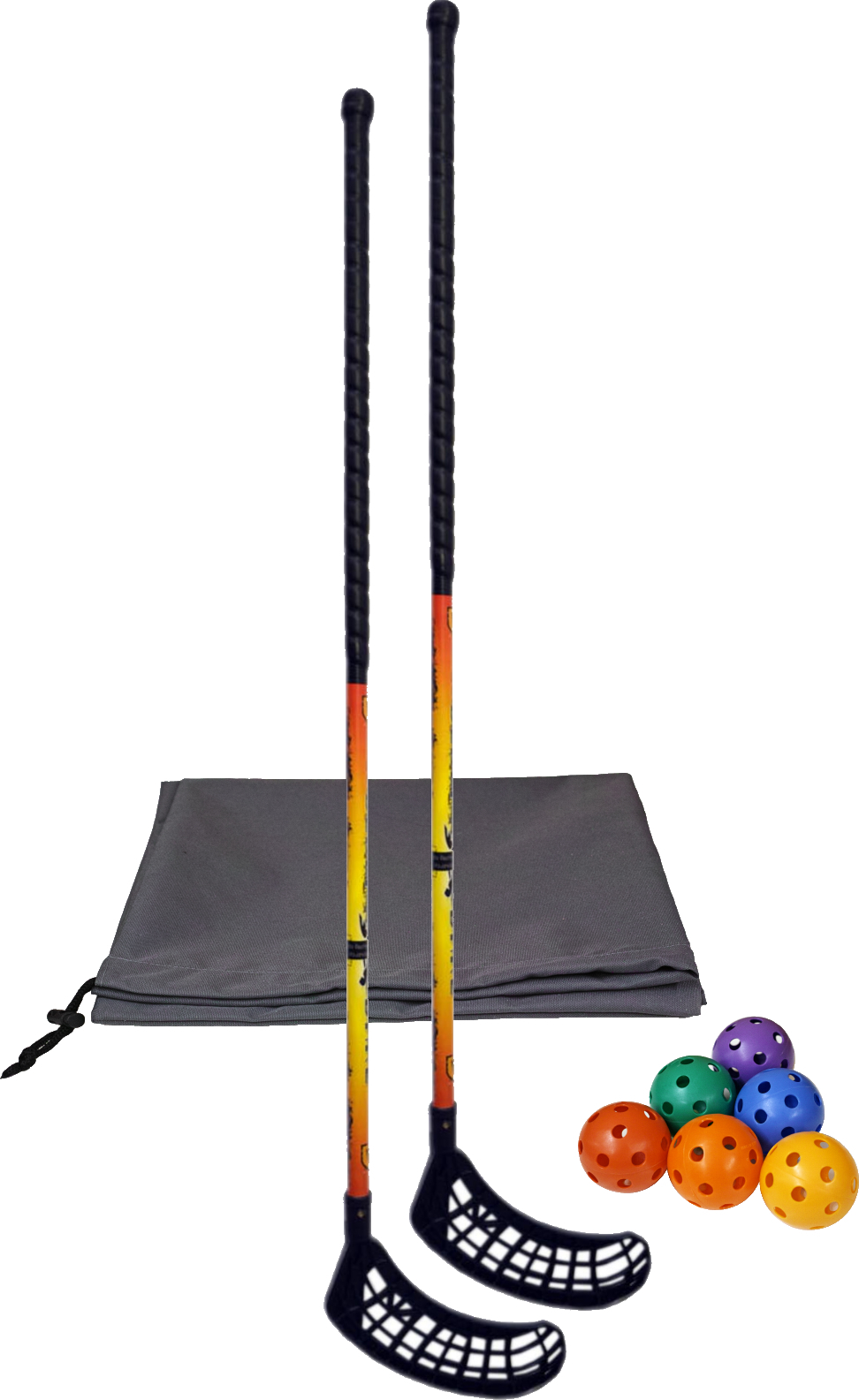 Floorball Set bestehend aus zwei Schlägern, sechs bunten Lochbällen und einer Tragetasche
