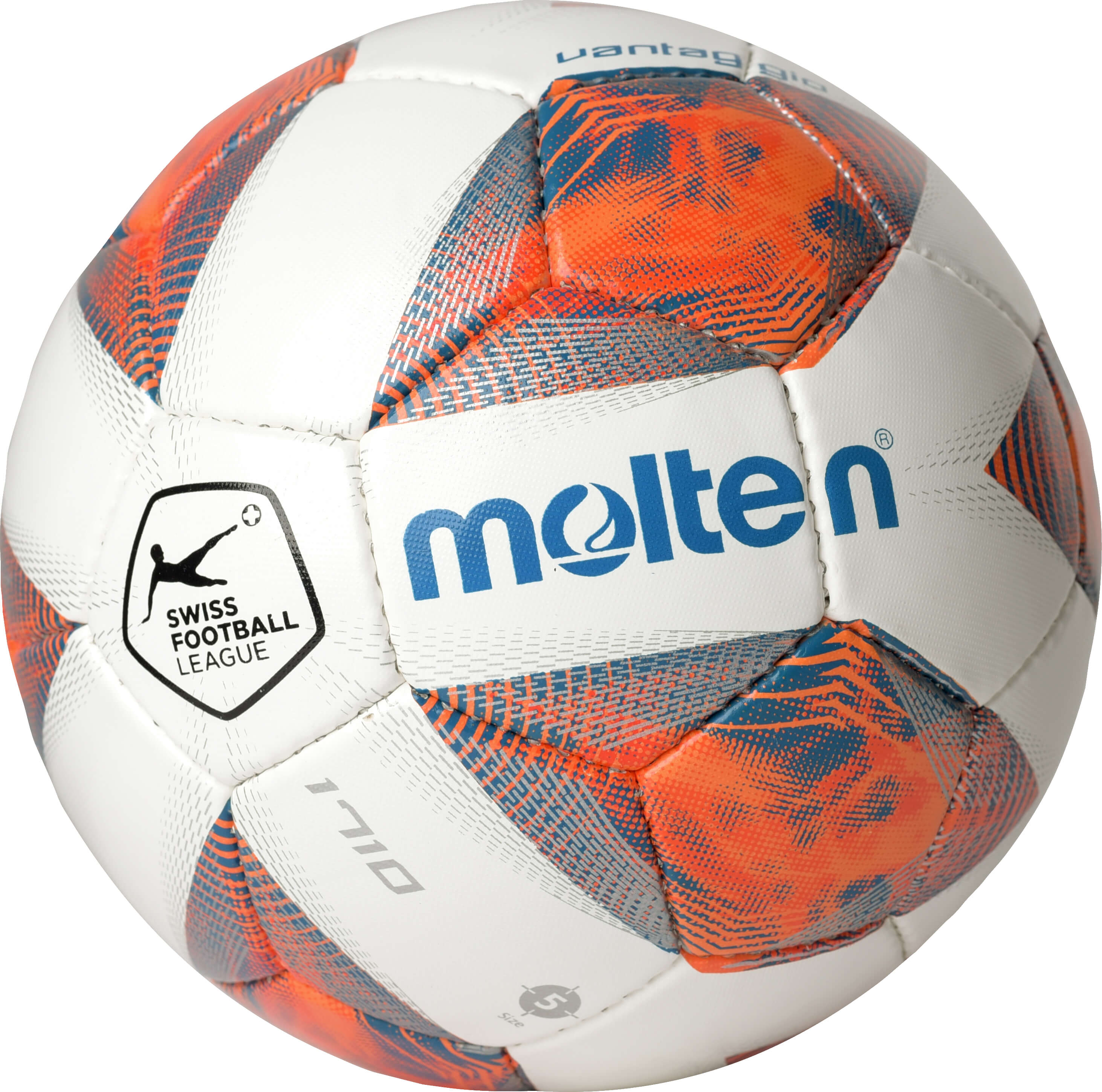 Nahaufnahme eines Molten Fußballs der Swiss Football League, mit auffälligem orange-blauem Muster