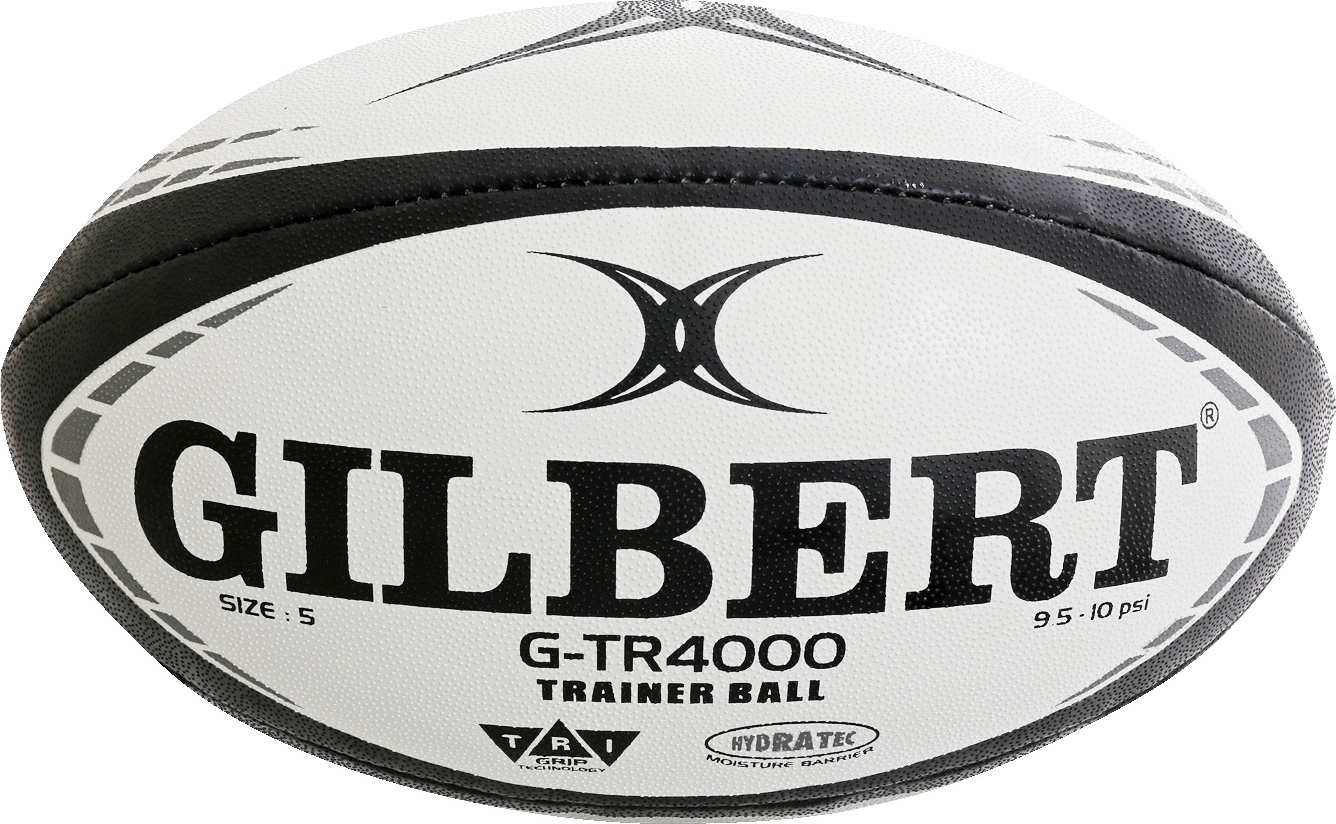 Weißer Gilbert G-TR4000 Trainer Rugbyball mit schwarzem Aufdruck und Größe 5