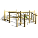 Structure d'escalade en bois robuste avec filets à grimper et plates-formes, idéale pour les aires de jeux et les activités en plein air des enfants.