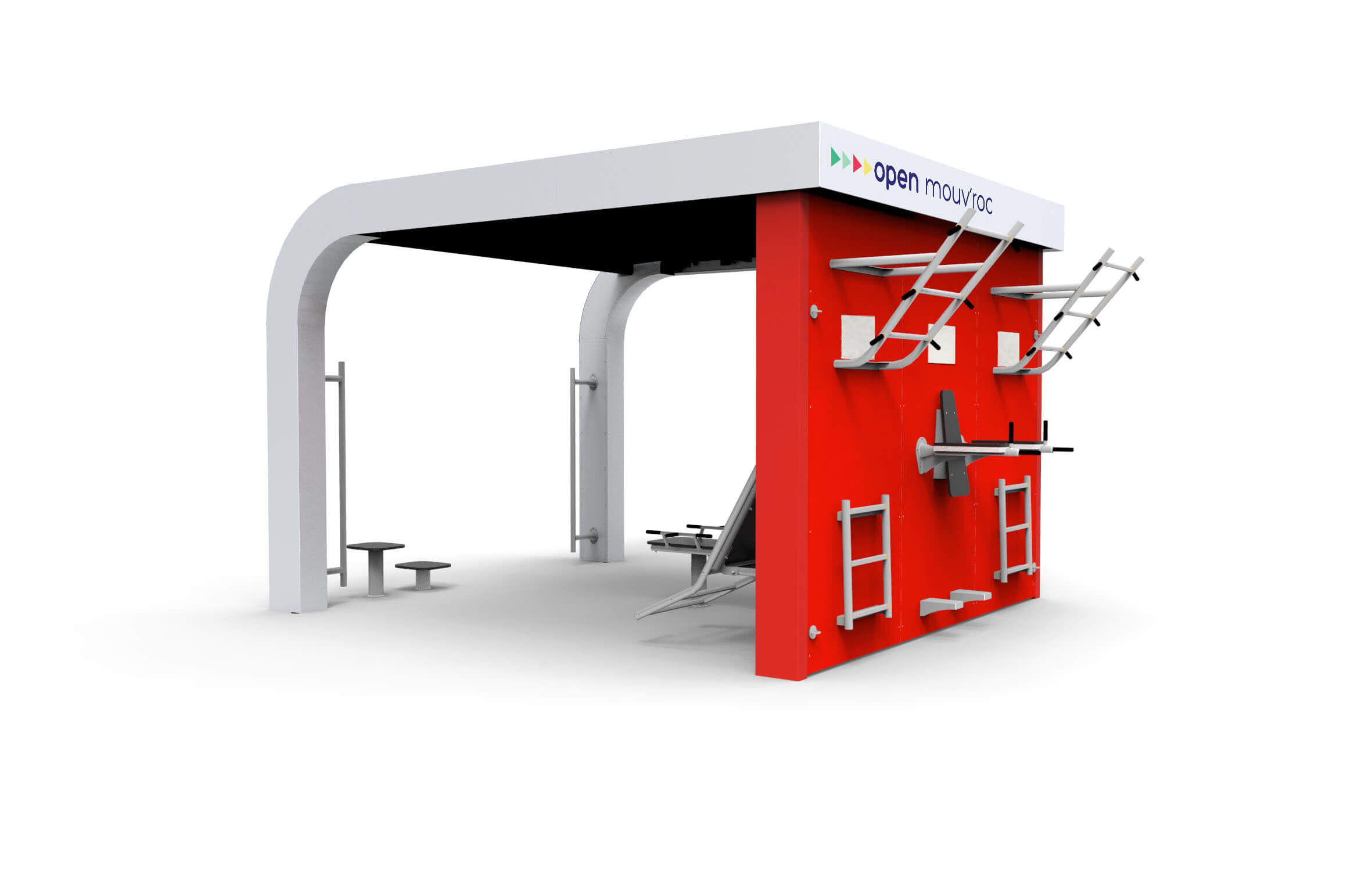 Représentation en 3D d'une station de fitness en plein air avec des appareils d'escalade et de gymnastique rouges.