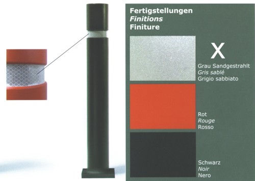 Poller mit reflektierendem Band und Farbmustern in Grau sandgestrahlt, Rot und Schwarz