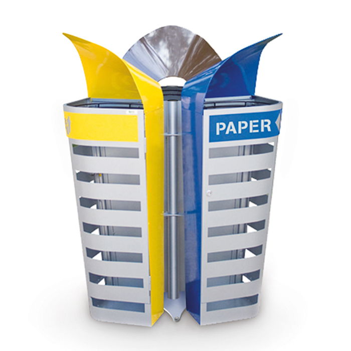 Moderne, farbenfrohe Abfalltonne mit gelber und blauer Seitenansicht, geeignet für Papier und andere Abfälle.