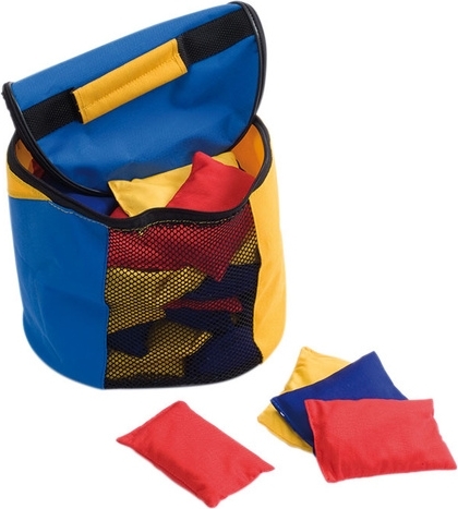 Bunte Wurfbeutel in einer blauen Aufbewahrungstasche, ideal für Spiele und Sportübungen
