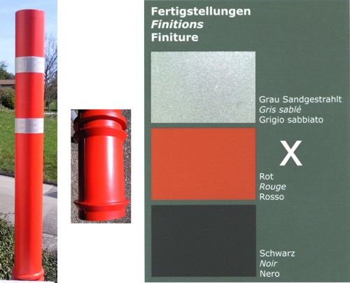 Roter Absperrpfosten mit reflektierendem Streifen und möglichen Oberflächenbeschichtungen: Grau sandgestrahlt, Rot (nicht verfügbar), Schwarz.