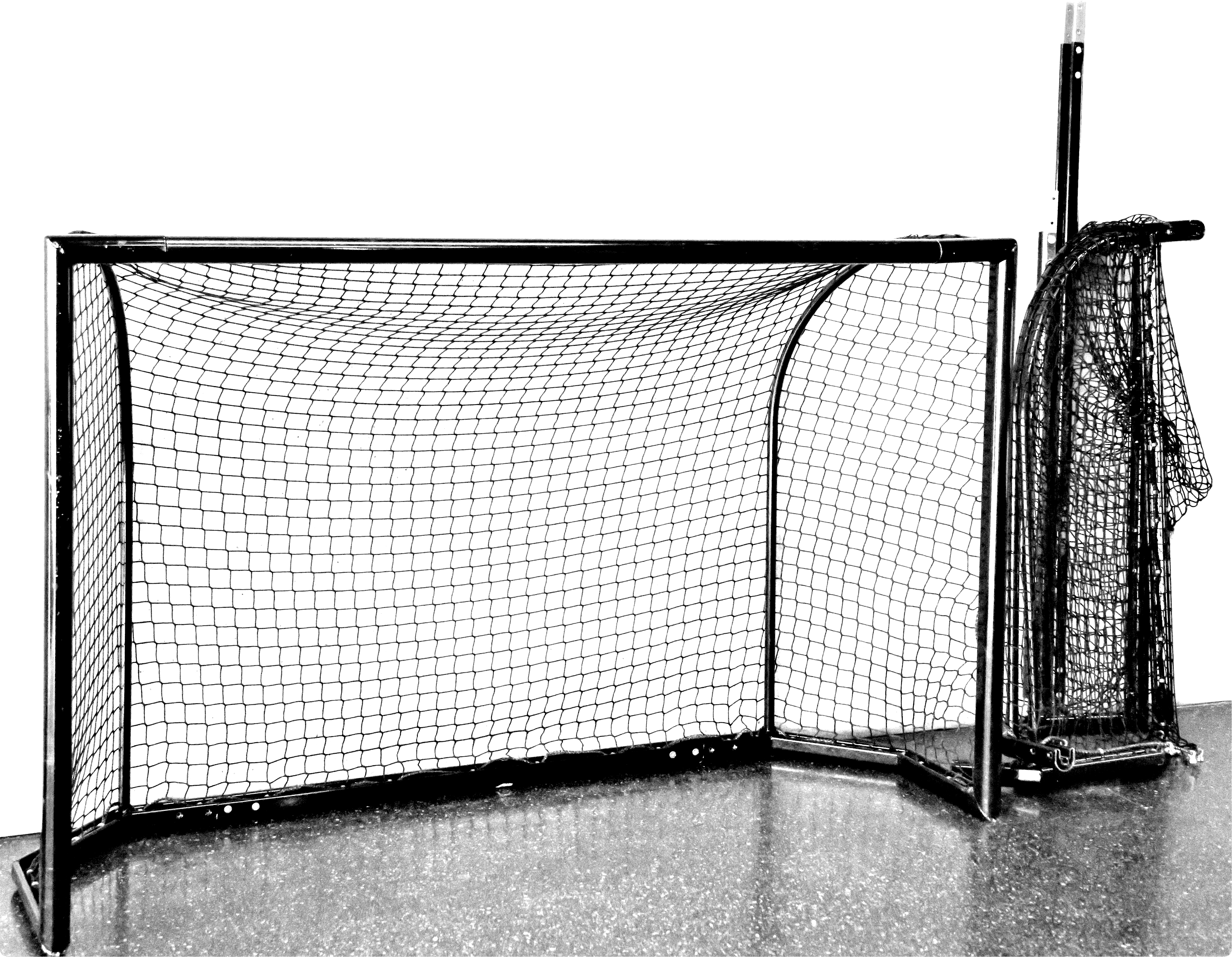 Schwaarzs Wiis Bild vo eme Indoor Unihockeygoal
