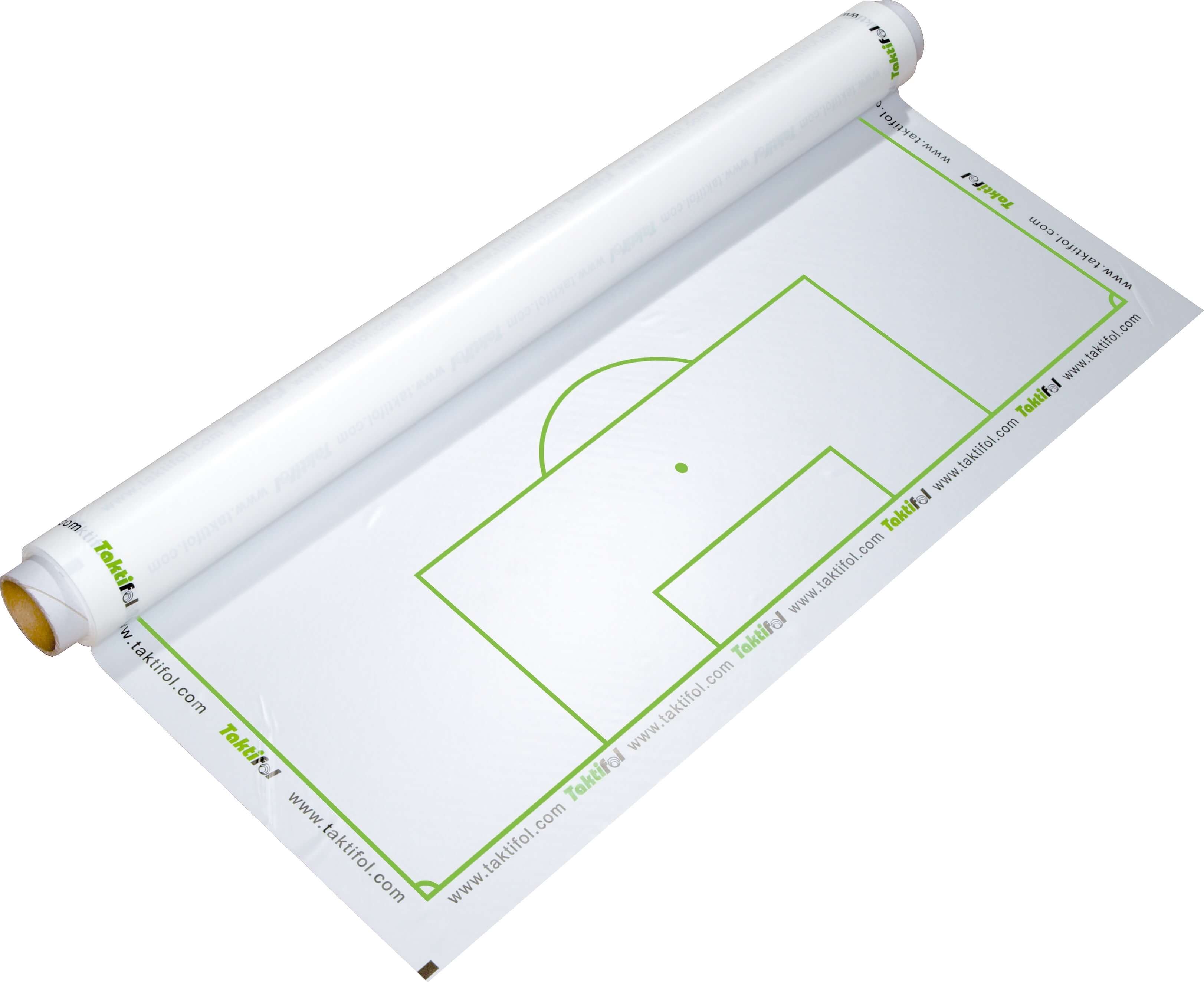 Eine aufgerollte Taktikfolie mit Fußballfeld-Druck, ideal für Trainer zur Strategieplanung und Teamsitzungen.
