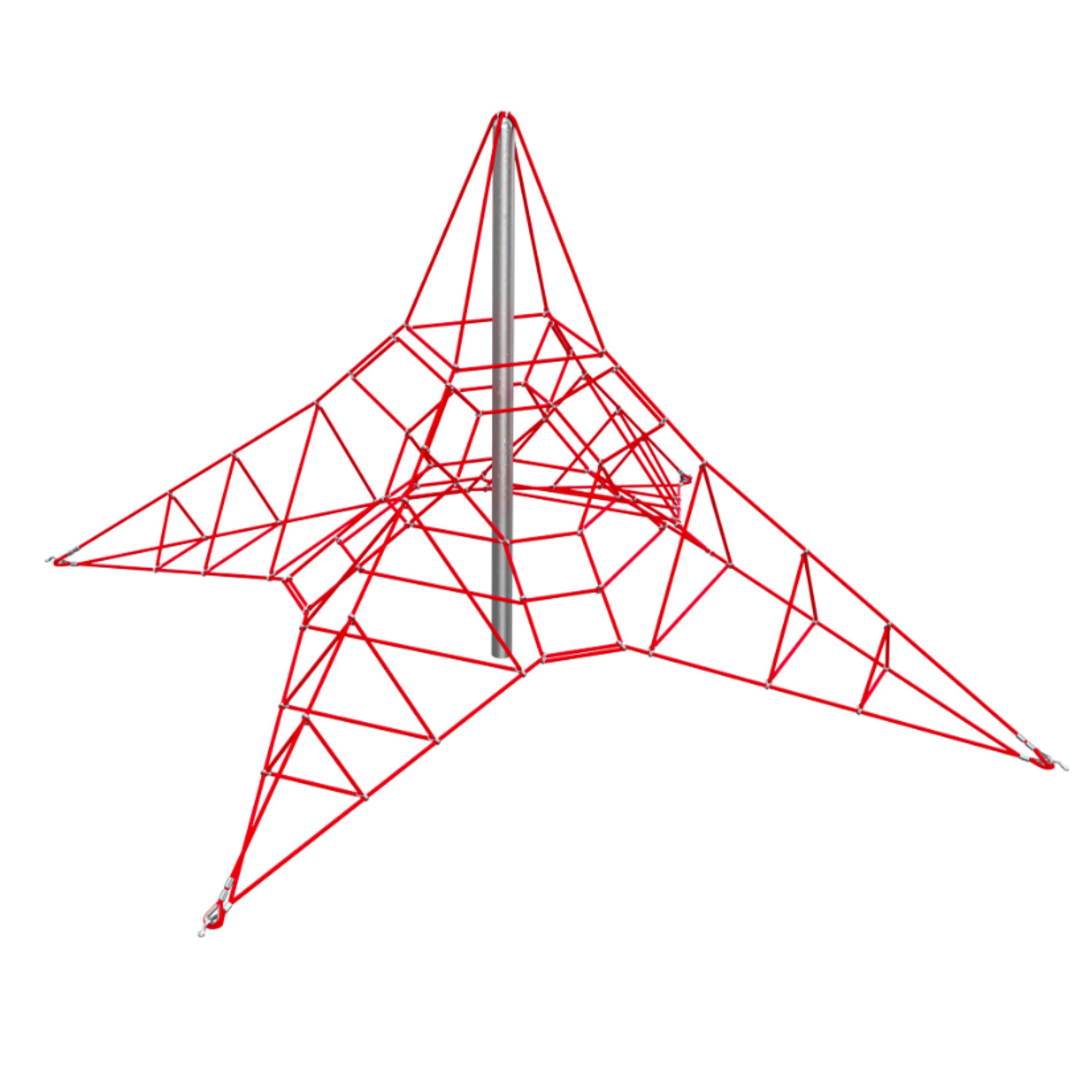 Abbildung der Raumnetzpyramide Typ 300-3D von Ullman, einer großen Kletterpyramide aus rotem Herkules-Tauwerk mit komplexer Netzstruktur für vielfältige Kletterwege auf dem Spielplatz