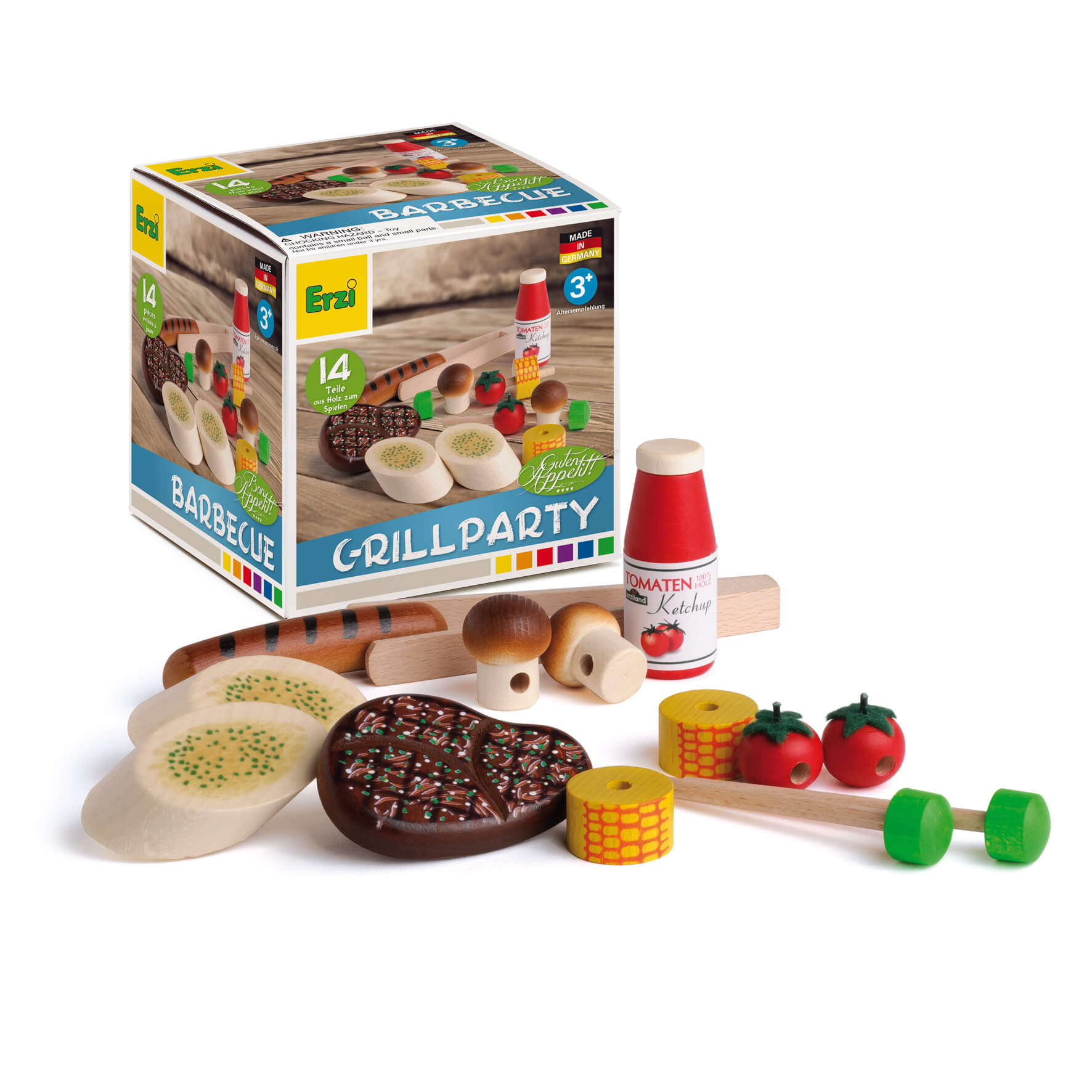 Erzi Grillparty Kinderspielzeug, bestehend aus 14 Teilen aus Holz, darunter Spielzeuglebensmittel wie Würstchen, Ketchupflasche und Gemüse, geeignet für Kinder ab 3 Jahren