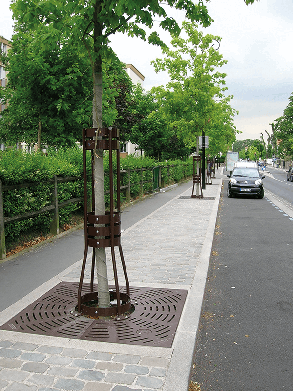 Ein gepflasterter Gehweg, gesäumt von Bäumen mit Metallgittern, neben einer Straße mit vorbeifahrenden Autos.