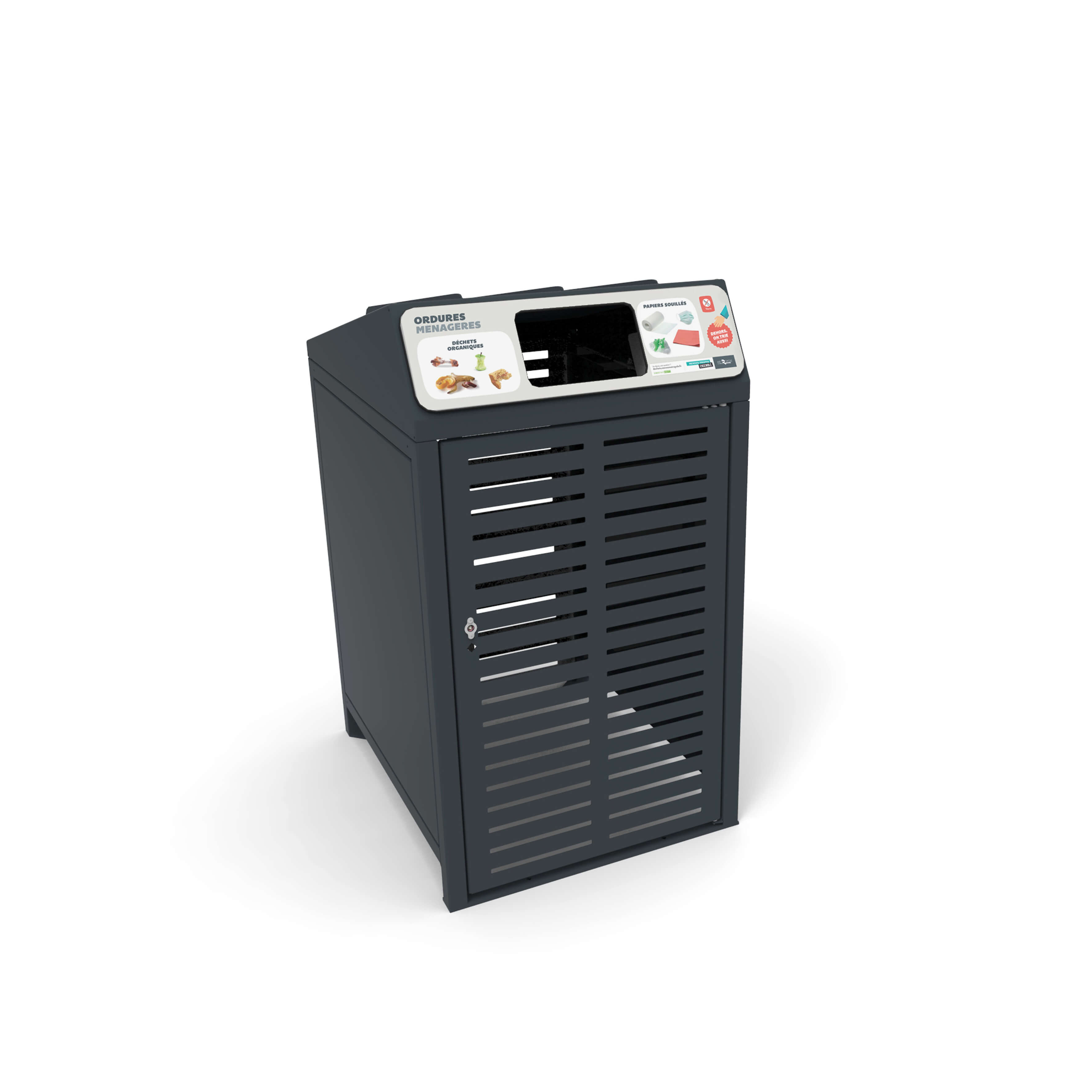 Schwarzer Abfallbehälter mit Belüftungsschlitzen und Informationsbeschriftung