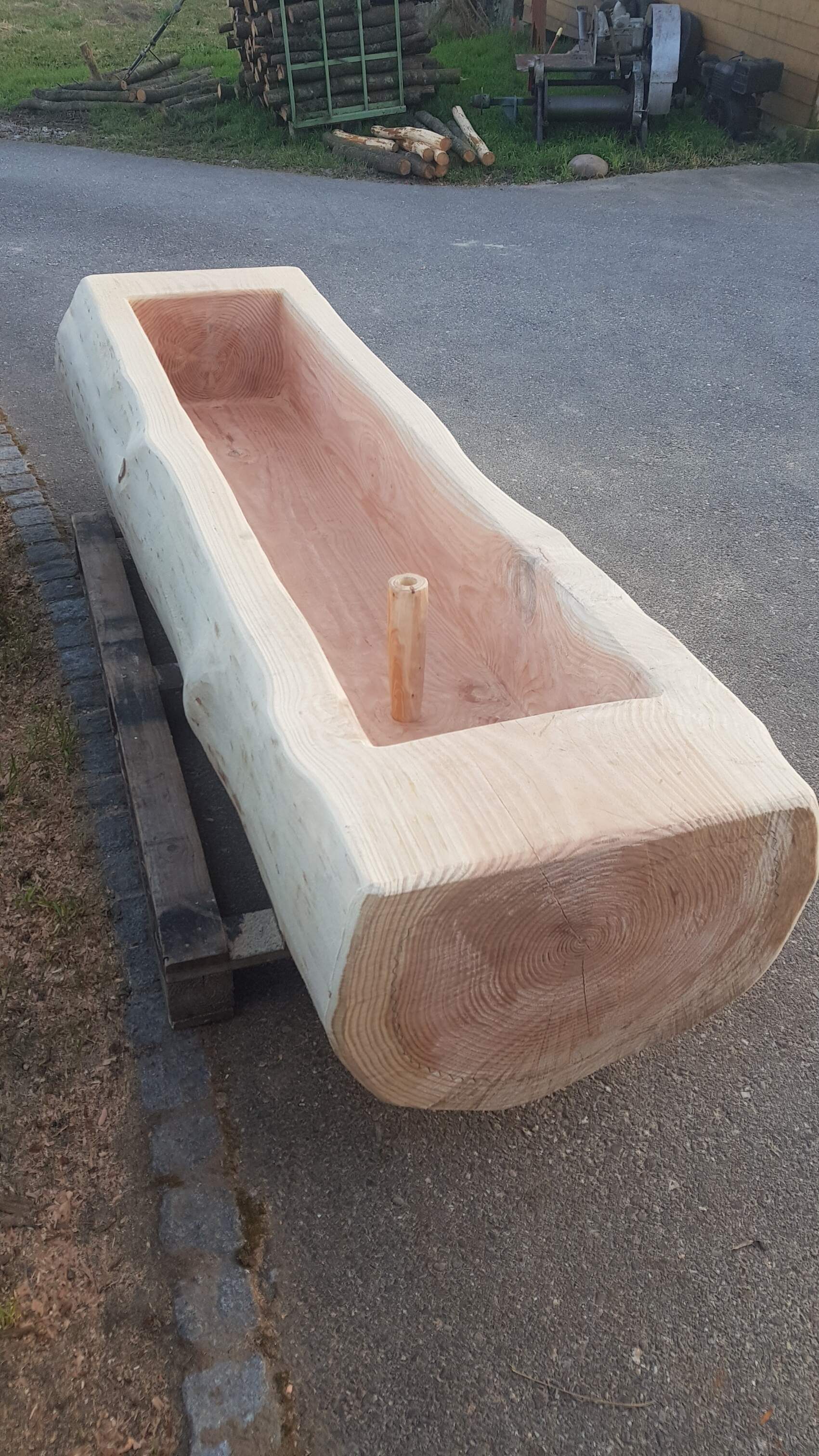 Abreuvoir en bois fait à la main à partir d'un tronc d'arbre massif, idéal pour les jardins ou à des fins décoratives