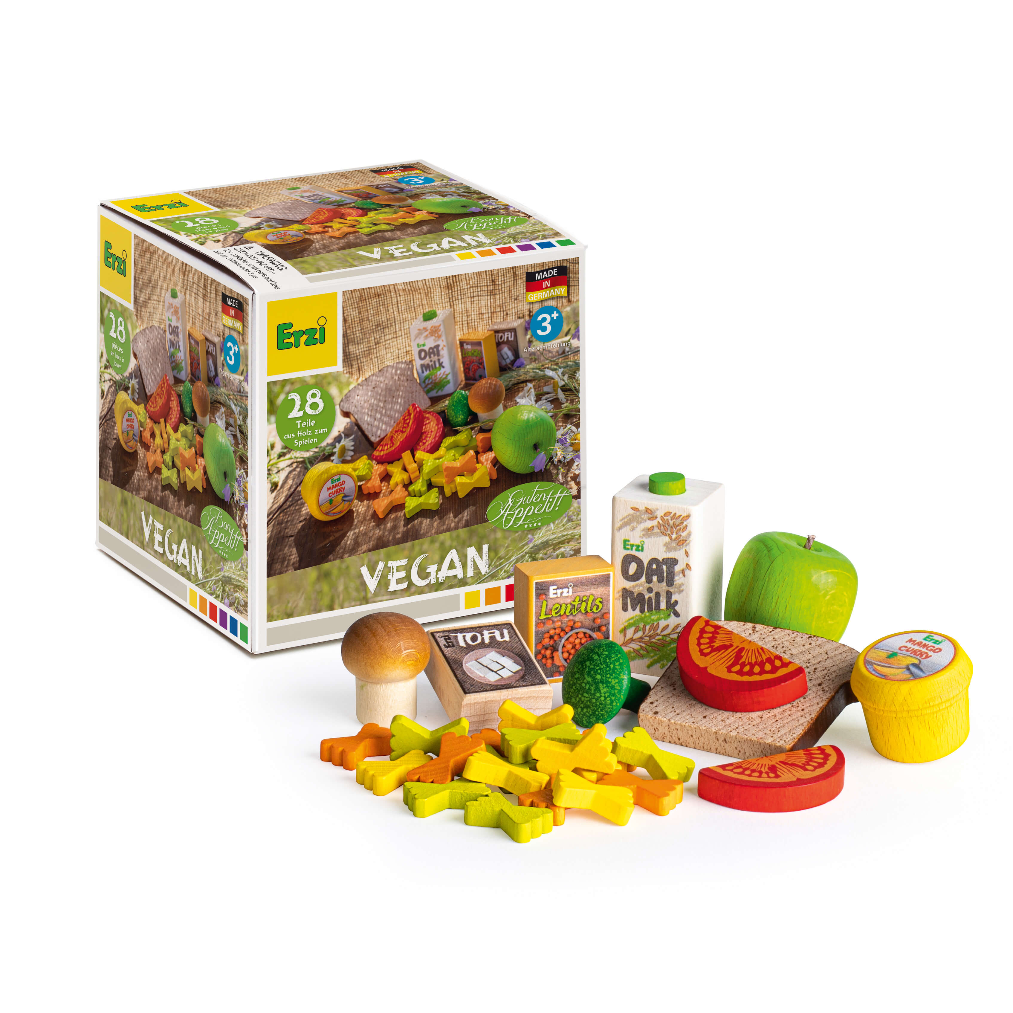 Erzi veganes Spielzeugset mit 28 Teilen, darunter Holzgemüse, Tofu und Hafermilch, geeignet für Kinder ab 3 Jahren.