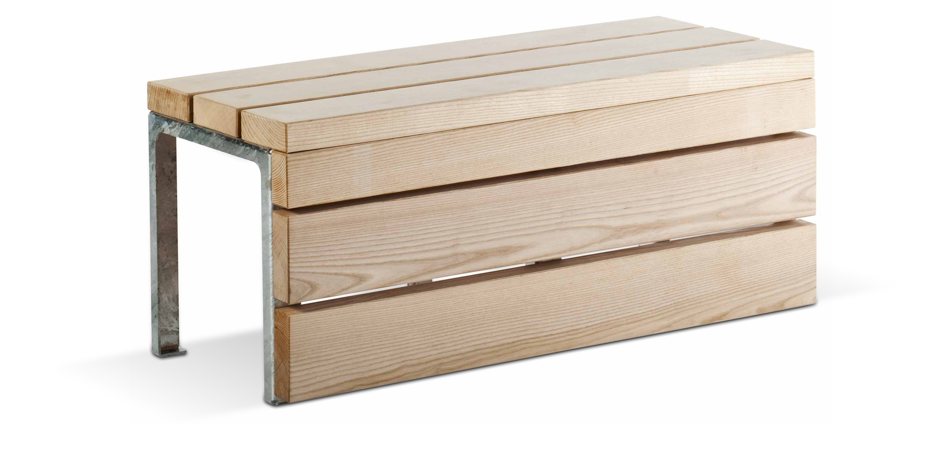 Ein schlichtes und modernes Möbelstück: Holzbank mit einem stabilen Metallgestell, ideal für Garten oder Terrasse.
