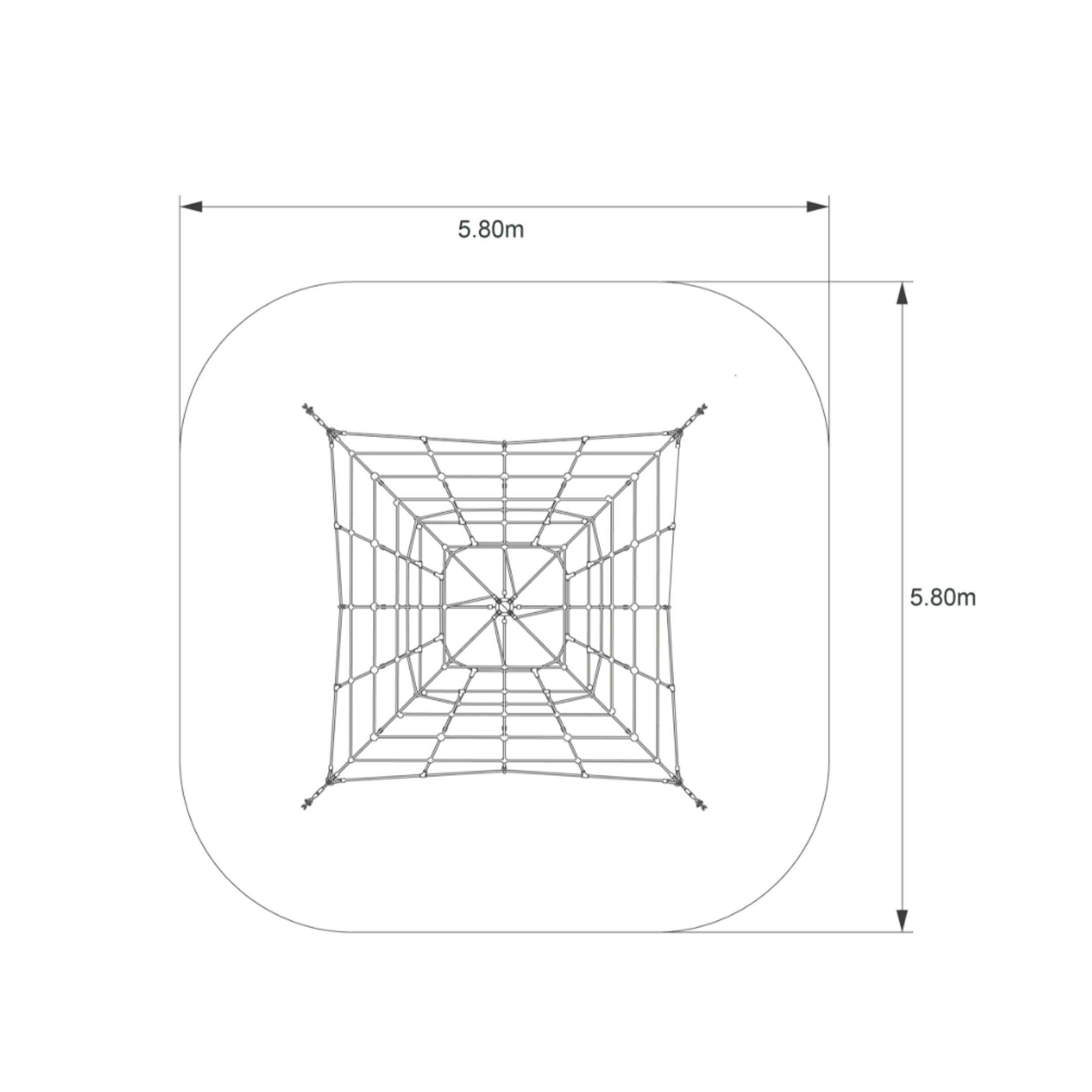 Technische Zeichnung der Ullman Kletterpyramide Typ 250-95 mit Netzboden aus Herkules-Seilen, quadratisches Kletternetz in Fläche 5,80 x 5,80 m für Spielplätze