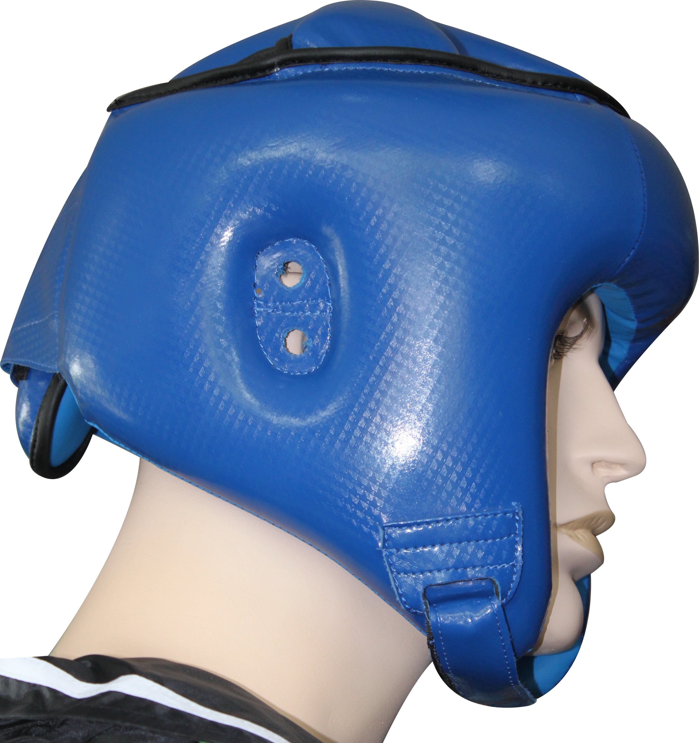 Seitenansicht eines blauen Boxhelms für den Kopfschutz während des Trainings