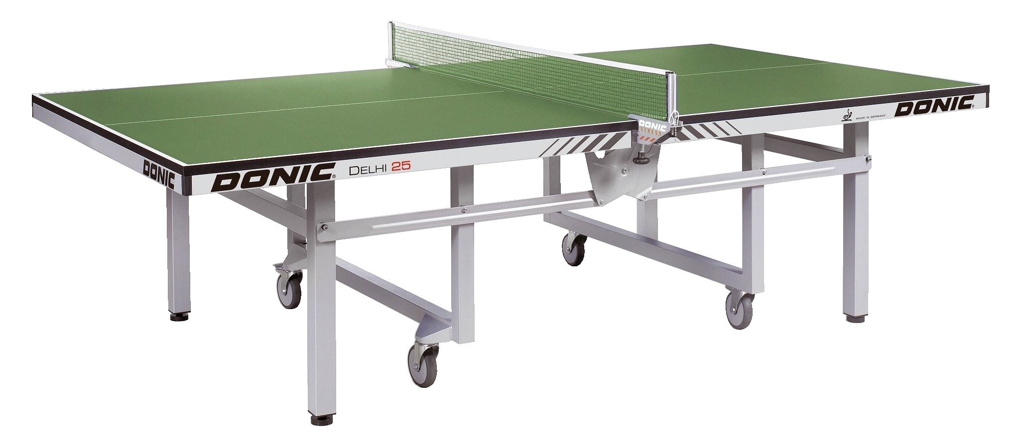 Grüner Donic Delhi 25 Tischtennistisch auf Rollen mit Netz, ideal für Outdoor-Spiele