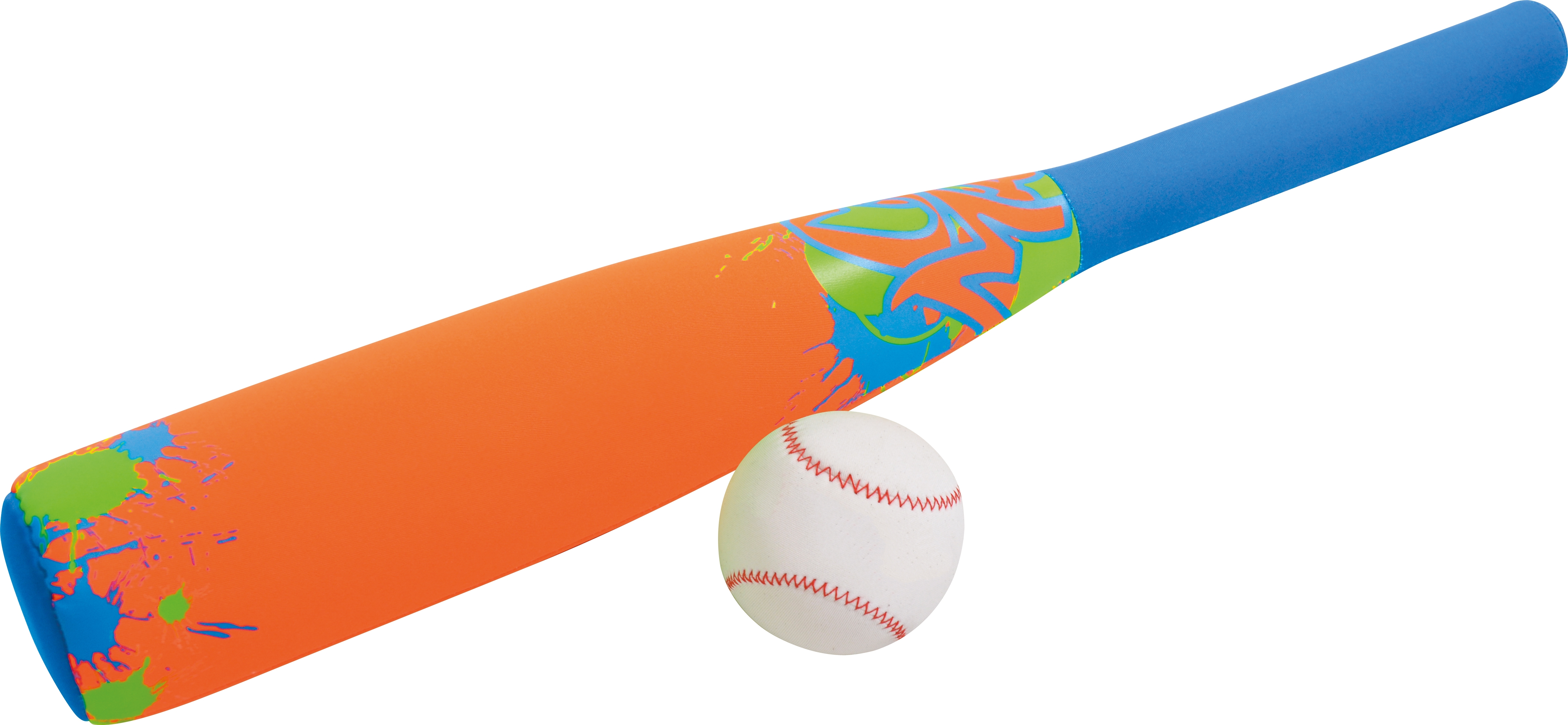 Ein bunter Schaumstoff-Baseballschläger in Orangetönen, verziert mit blauen und grünen Mustern, neben einem weißen Baseball.