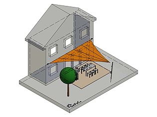 Illustration d'une maison avec une voile d'ombrage orange au-dessus d'une terrasse avec une table et des chaises, entourée d'un arbre.