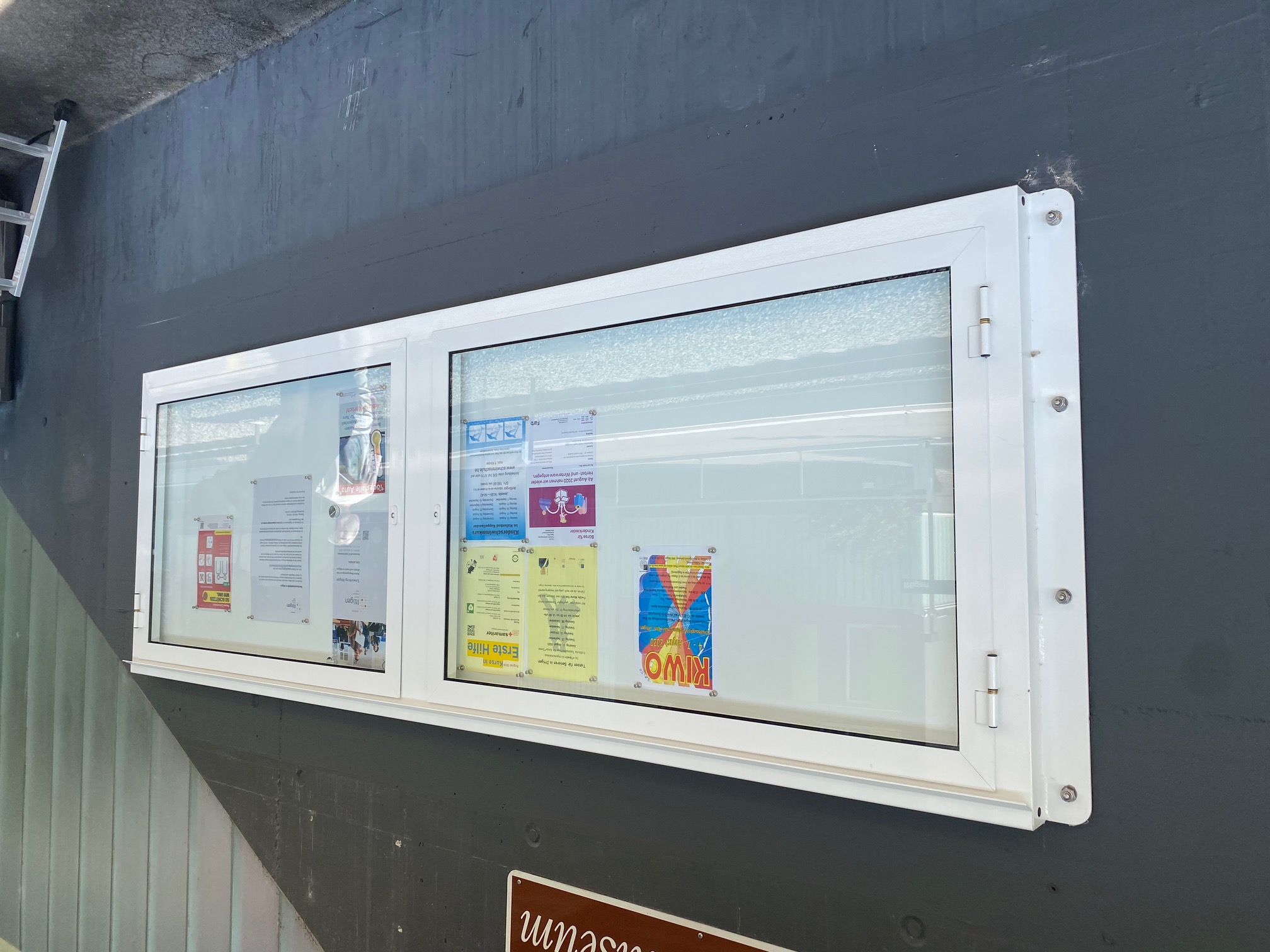 Weiß gerahmte Schaukästen mit diversen Plakaten und Informationsblättern auf einer grauen Wand montiert