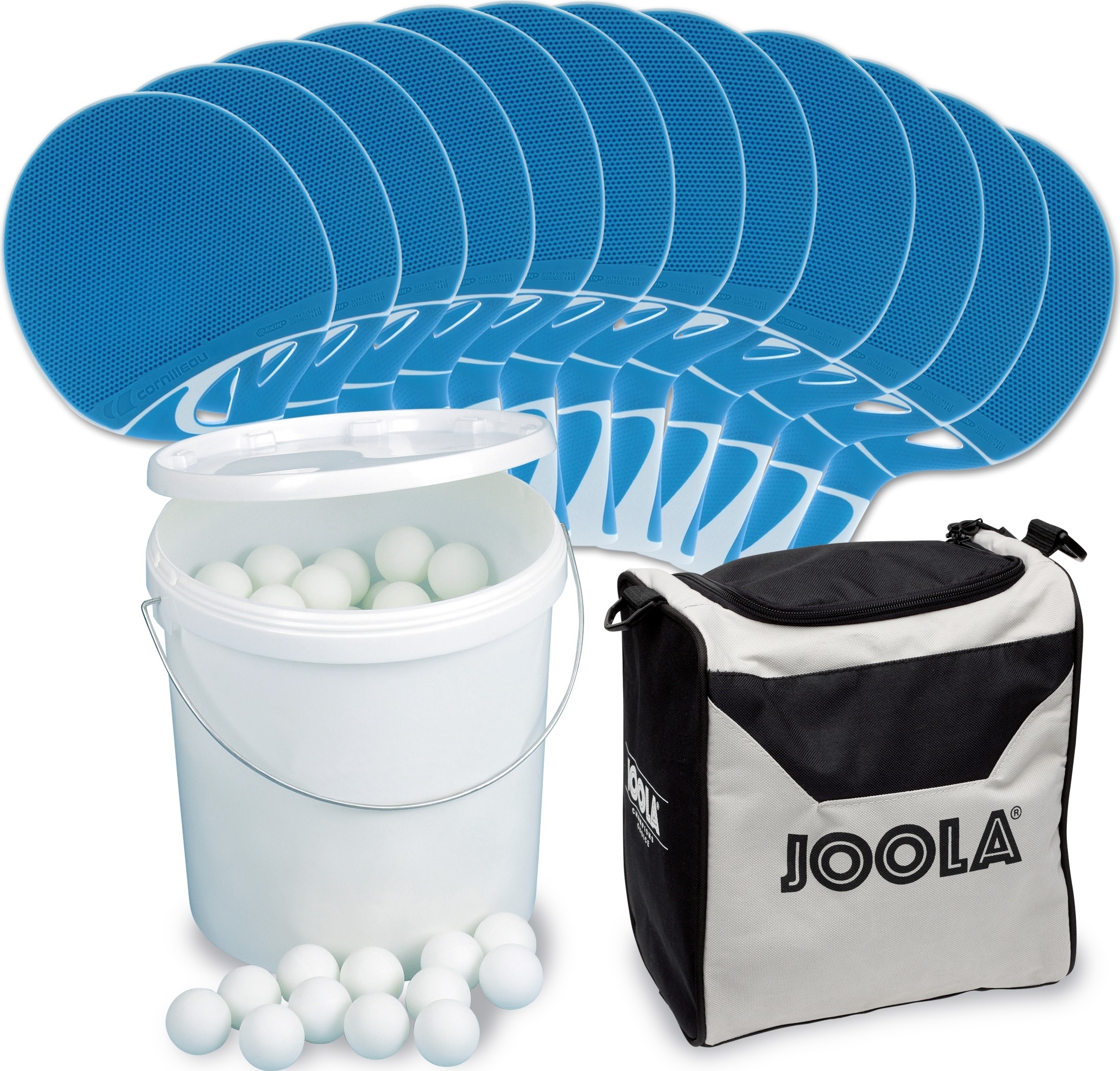 Set aus Joola Tischtennisbelägen, einem Eimer voller Tischtennisbälle und einer schwarzen Joola Tasche
