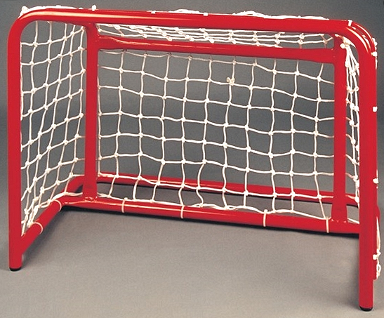 Ein rotes Mini-Fußballtor mit Netz, ideal für Kinder, aus robustem Stahl gefertigt.