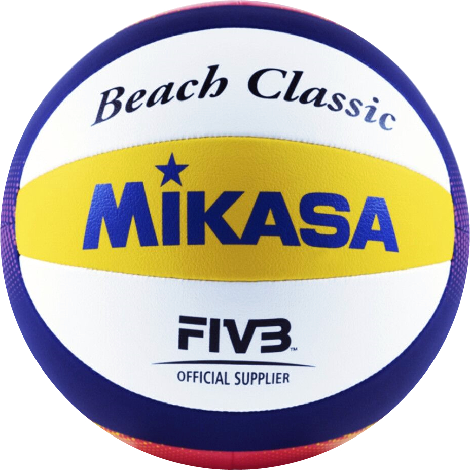 Nahaufnahme eines Mikasa Beach Classic Volleyballs mit gelbem und blauem Design, Text 'FIVB Official Supplier' sichtbar