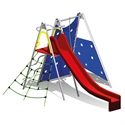 Portique d'escalade coloré avec toboggan rouge et zone d'escalade bleue, filet à grimper inclus, pour les enfants dans le jardin.