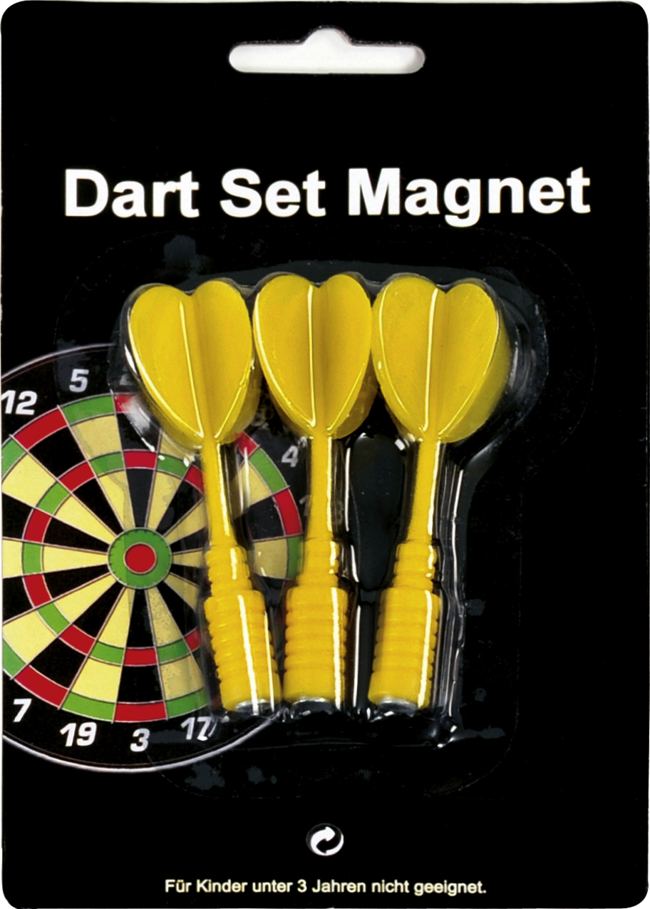 Verpackung eines magnetischen Dart-Sets mit drei gelben Pfeilen und einer Dartscheibe, geeignet für Kinder ab 3 Jahren.